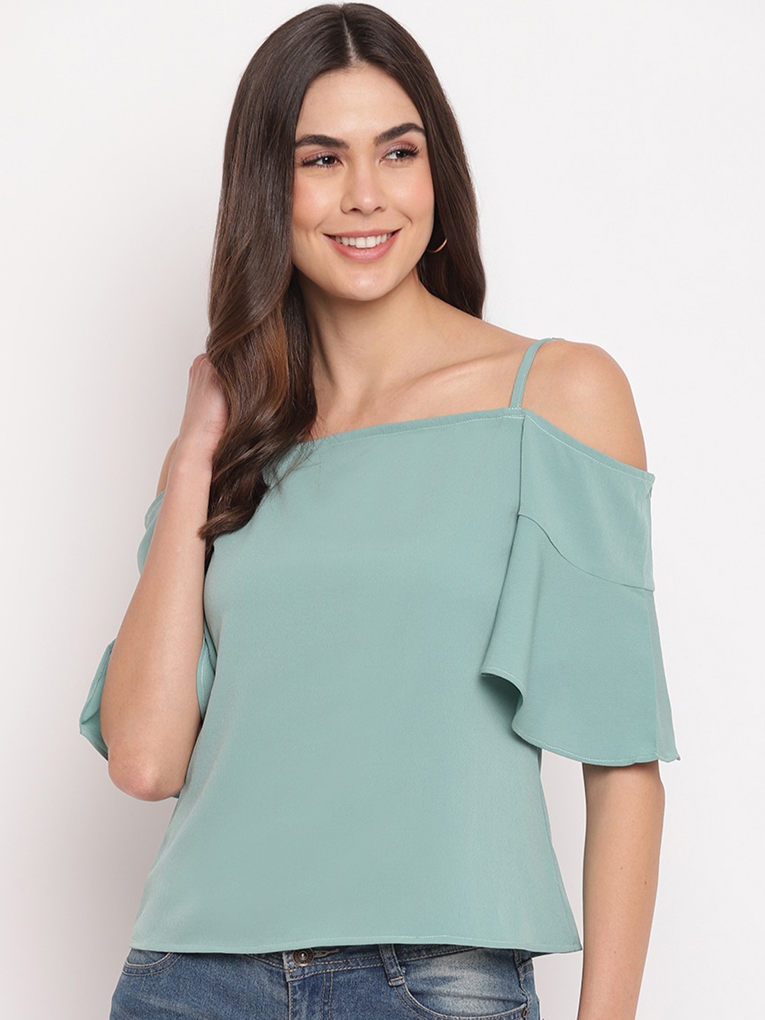 

Mayra Women Green flared sleeves crepe regular top