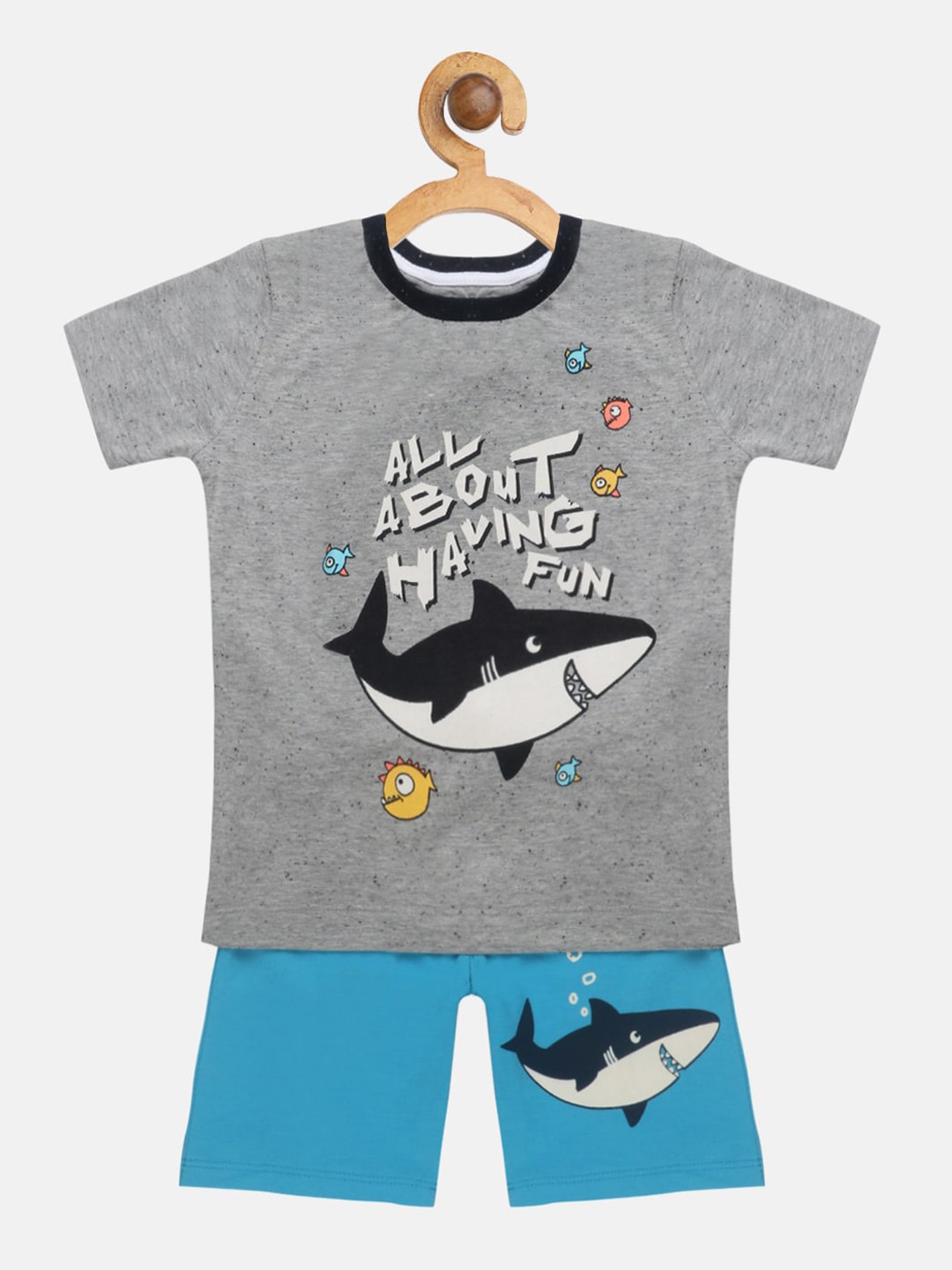 

Lazy Shark Boys Grey & Blue Printed T-shirt with Shorts