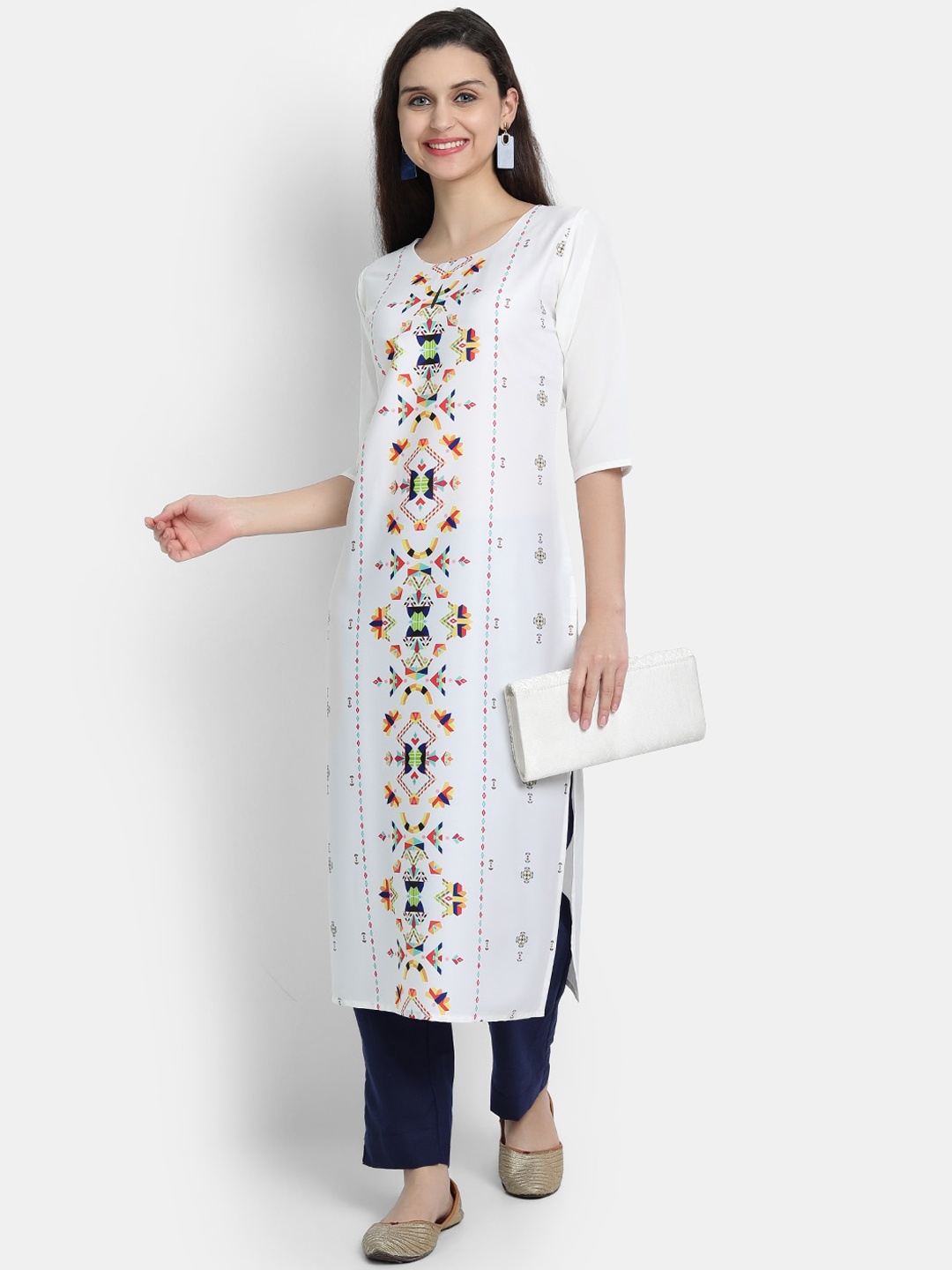 

7threads Women White Floral Printed Crepe Kurta