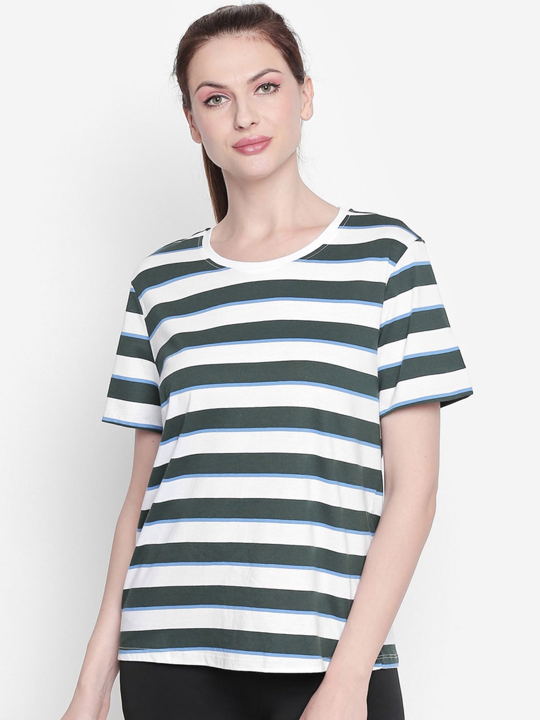 

Ajile by Pantaloons Women Olive Green White Striped Round Neck Pure Cotton T-shirt