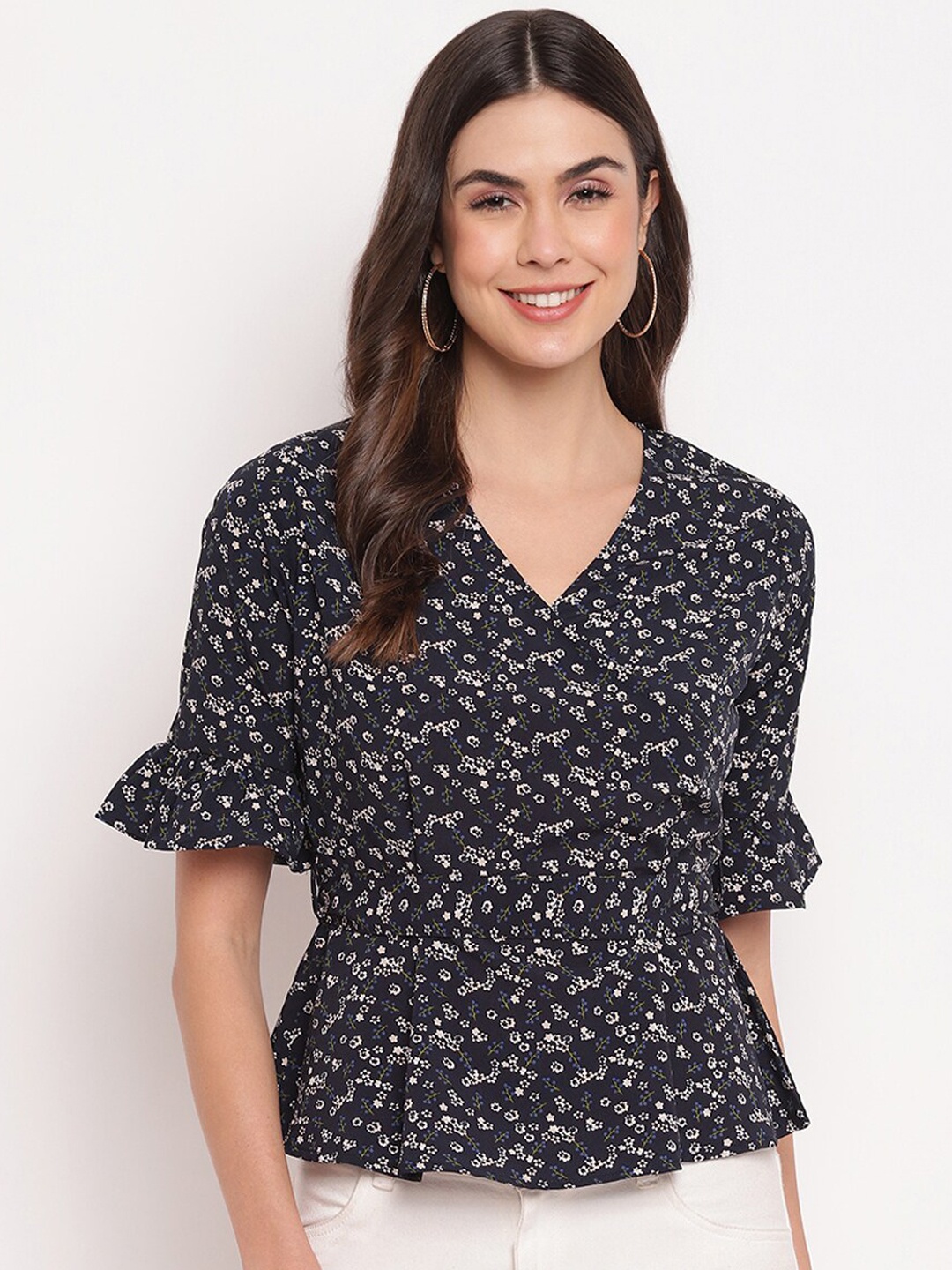 

Mayra Navy Blue Geometric Print Crepe Wrap Top