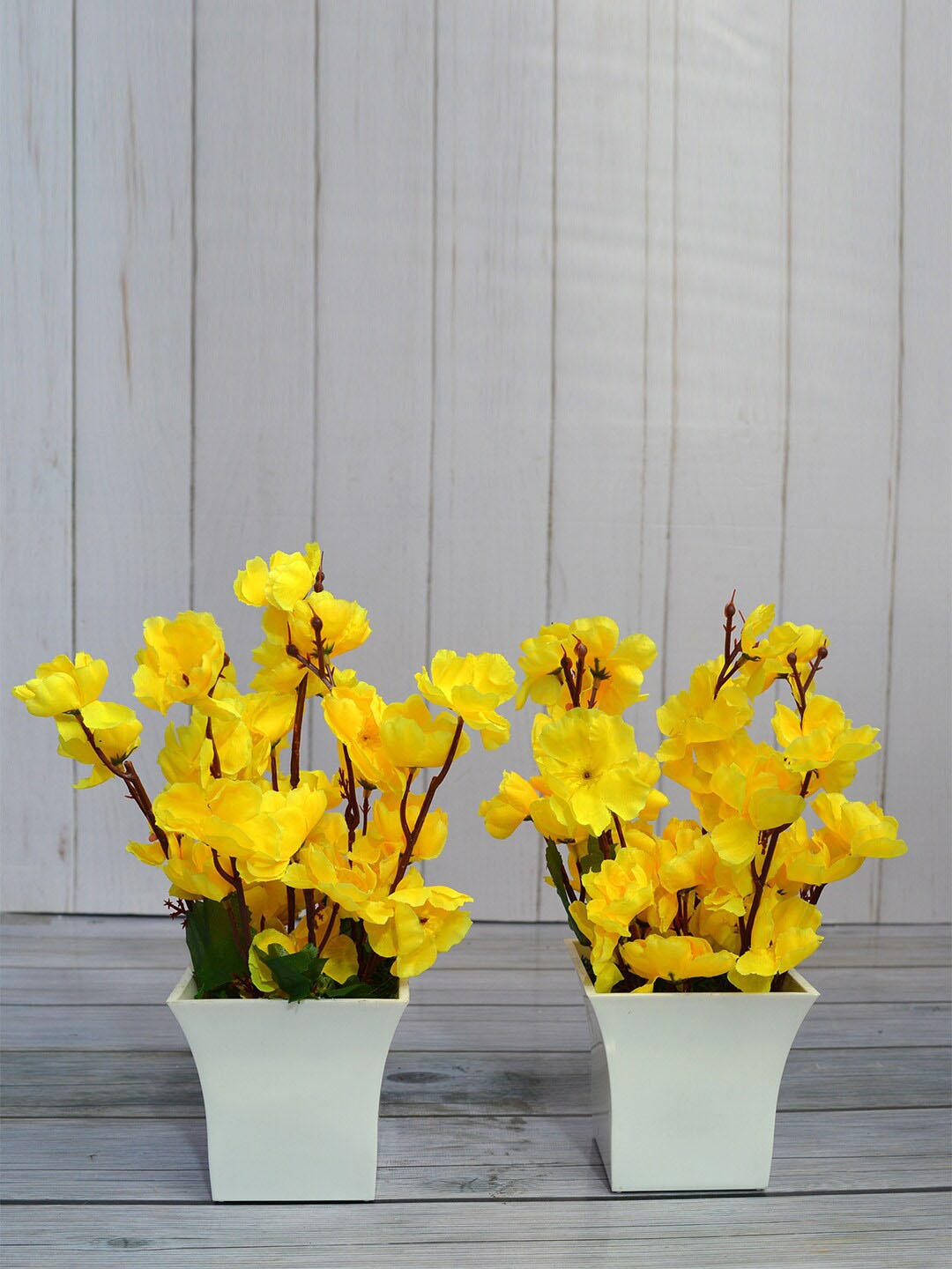 fancy mart Set Of 2 Yellow & White Artificial Flower Blossom Plants In Ruby Pots