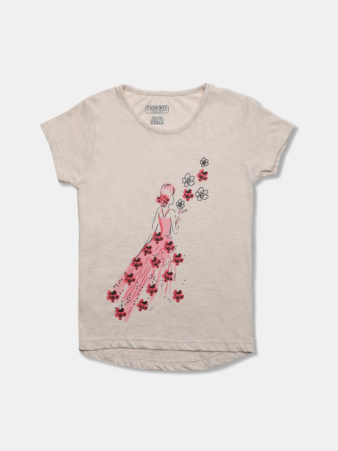 

Cherokee Girls Grey Red Floral Printed Round Neck Cotton Pure Cotton T-shirt
