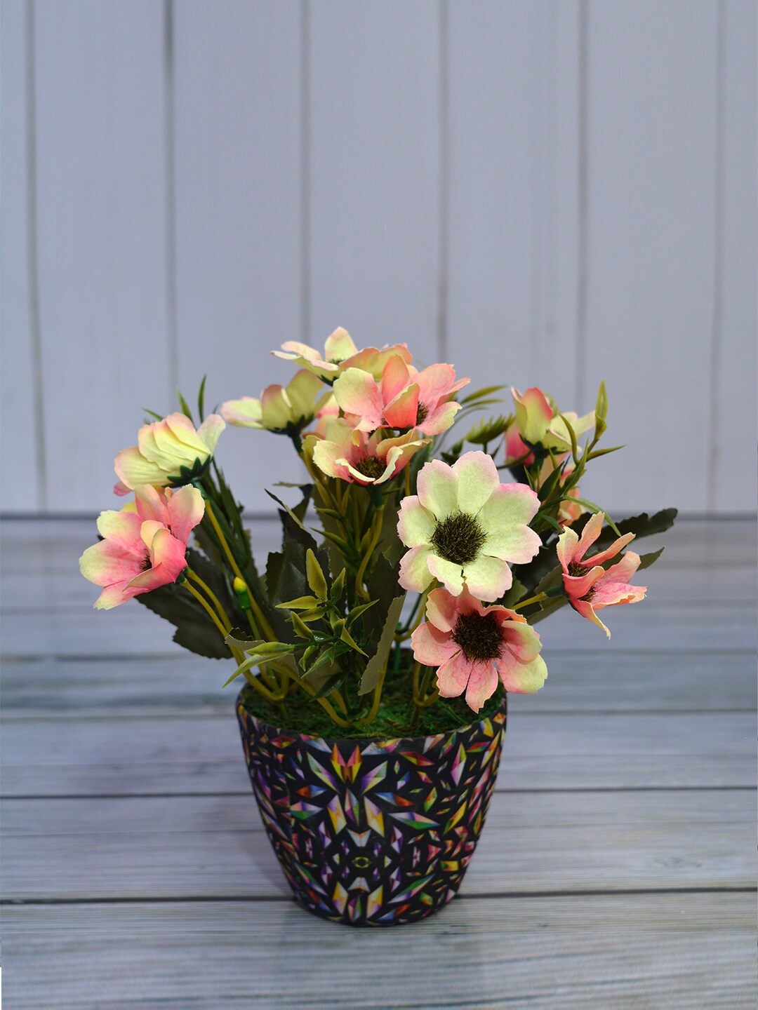 

fancy mart Pink & Yellow Artificial Chrysenthum Flowers in Diamond Pot