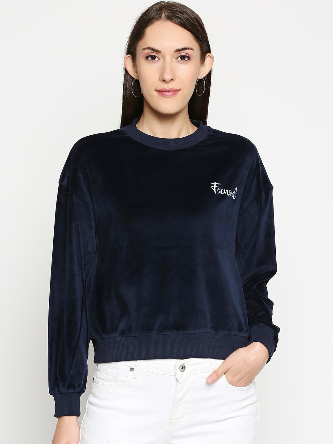 

People Women Navy Blue Solid Sweatshirt