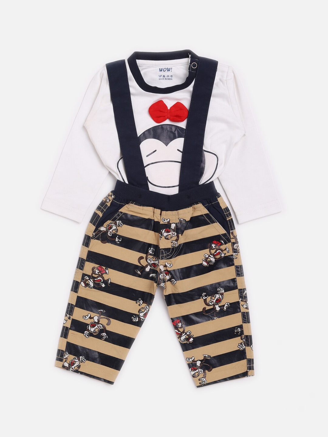 

WOW Boys White & Beige Printed Romper with T-shirt