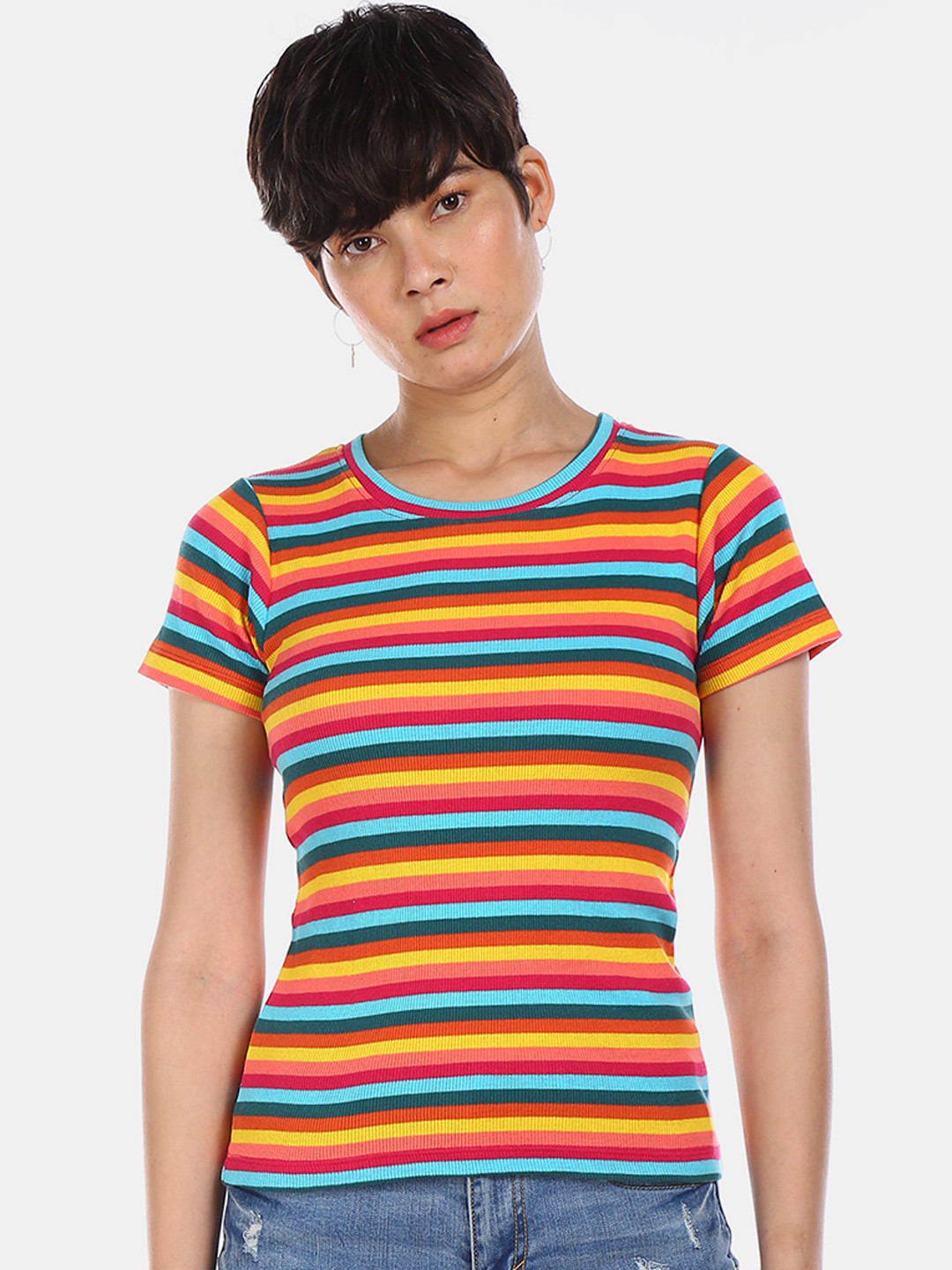 

Sugr Women Multicoloured Striped Round Neck T-shirt, Multi