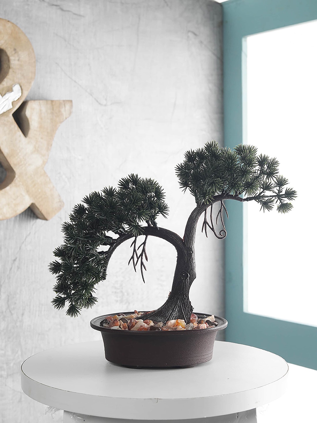 FOLIYAJ Green & Brown Artificial Shoe Horn Shaped Bonsai Pine Tree With Pot