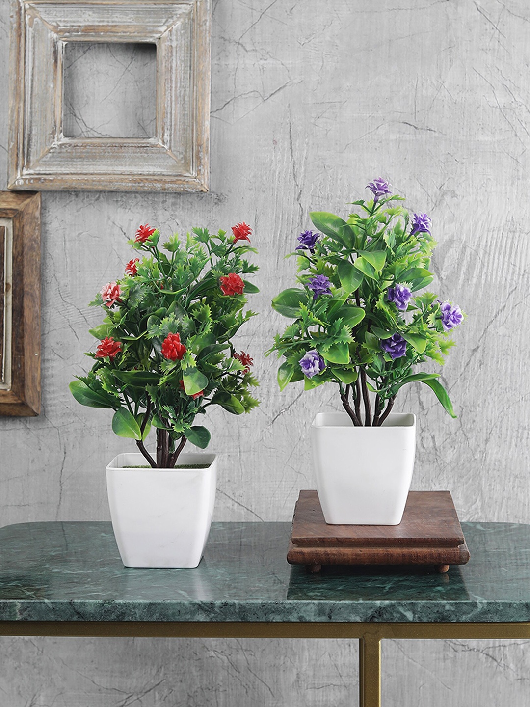 

FOLIYAJ Set Of 2 Green & White Artificial 5 Branch Bonsai Trees With Roses