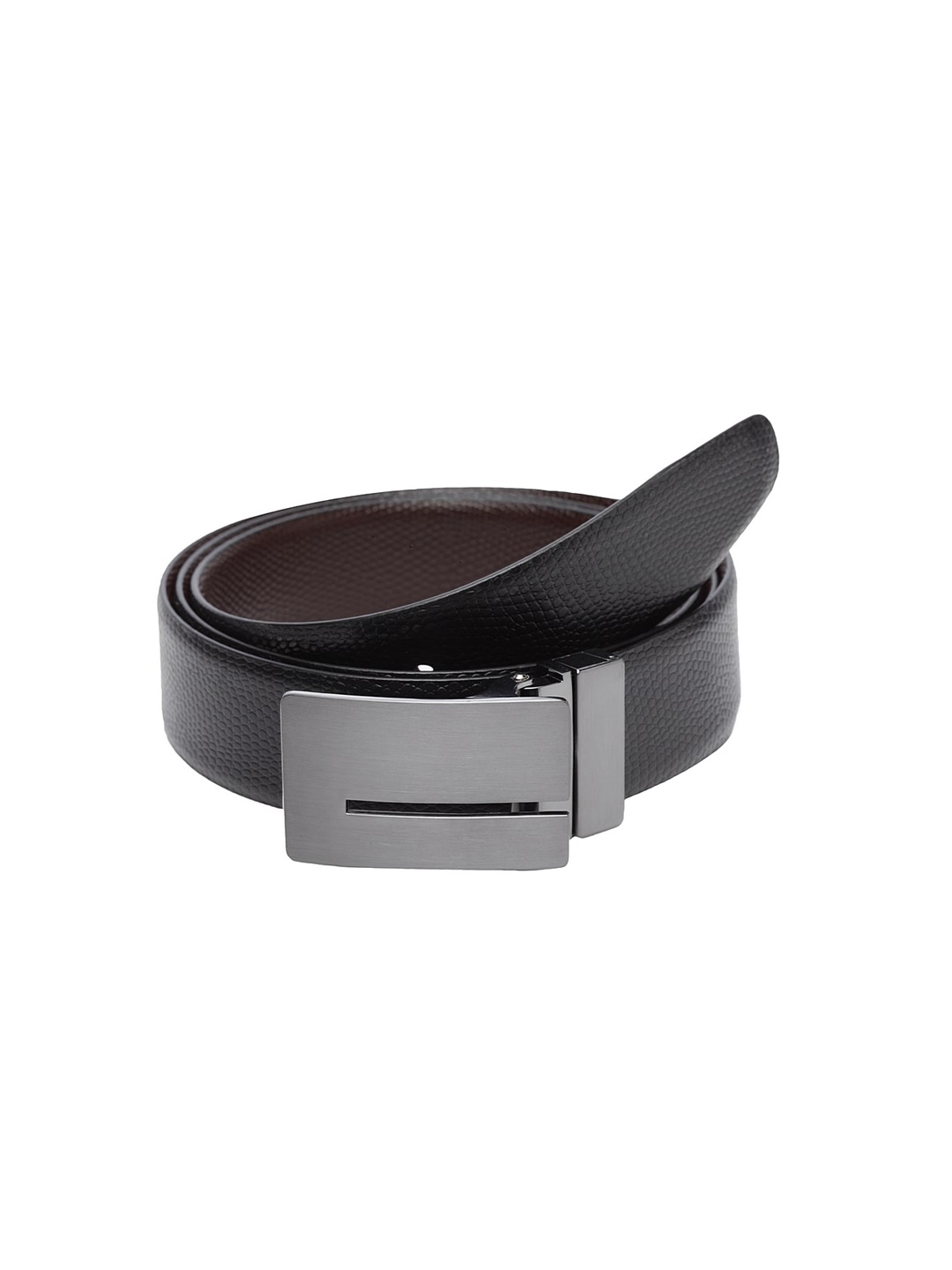 

WELBAWT Men Black & Brown Textured Leather Slim Reversible Belt