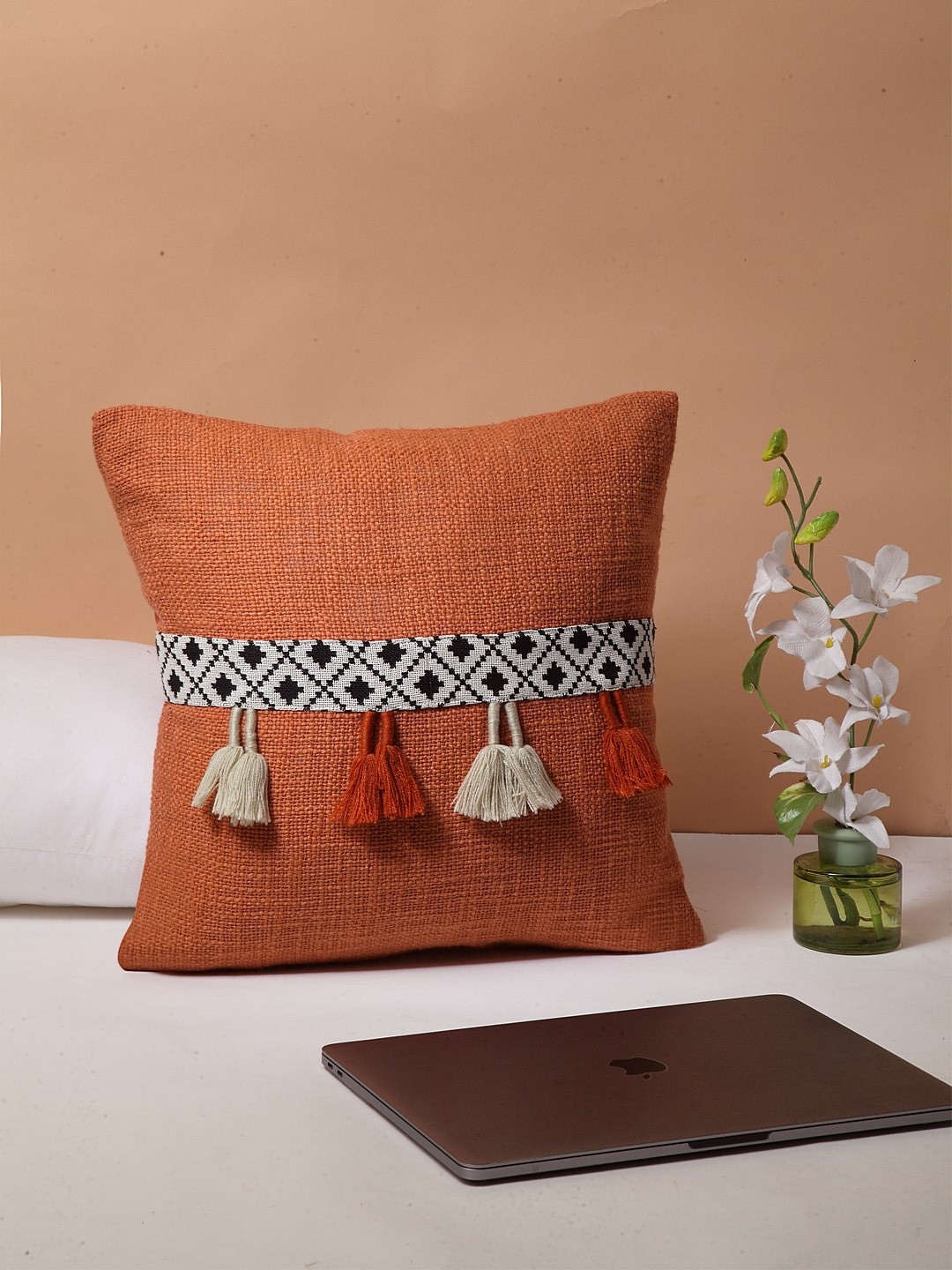 

BLANC9 Brown & White Set of Single Self Design Square Cushion Covers