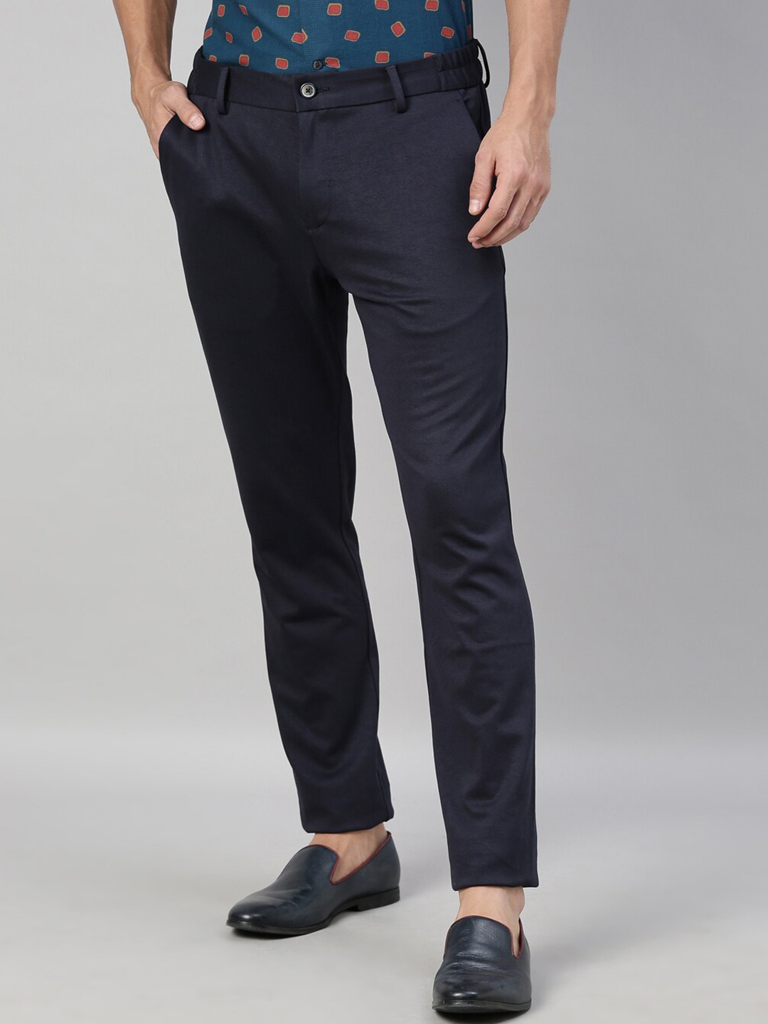 

RARE RABBIT Men Navy Blue Regular Fit Solid Regular Trousers