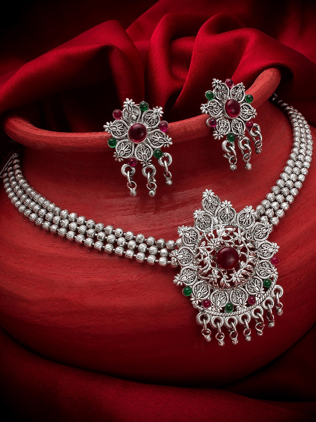 

aadita Oxidised Silver-Plated Pink & Green Stone-Studded Beaded Jewellery Set