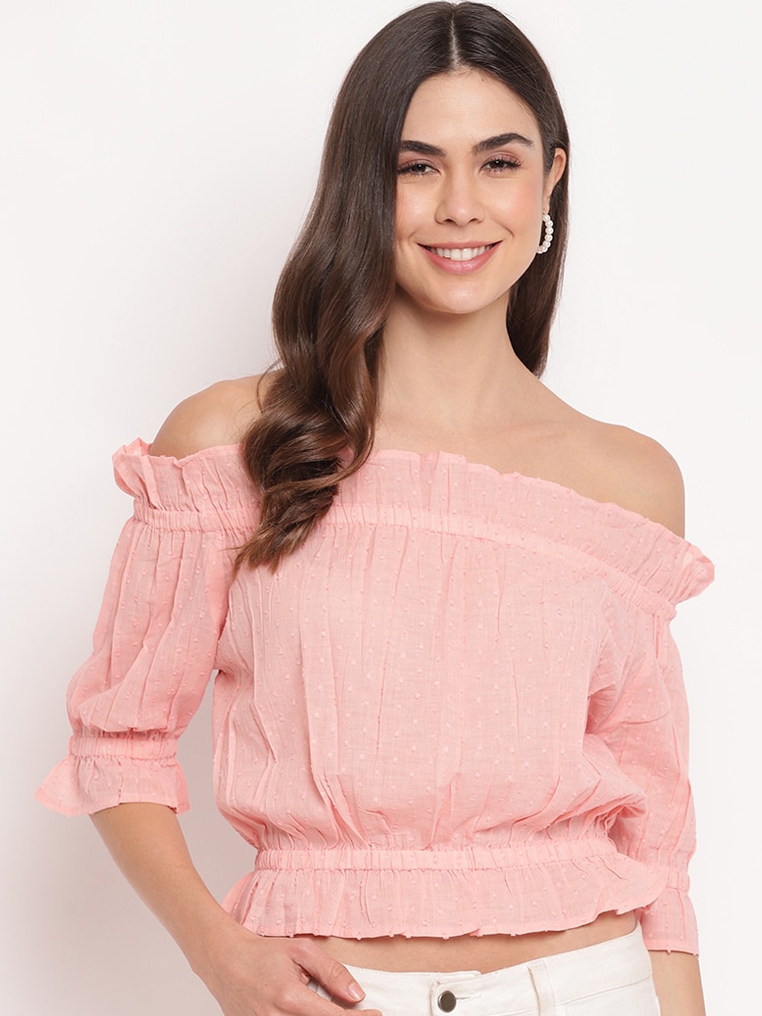 

Mayra Women Pink off-shoulder puff sleeves pure cotton bardot crop top