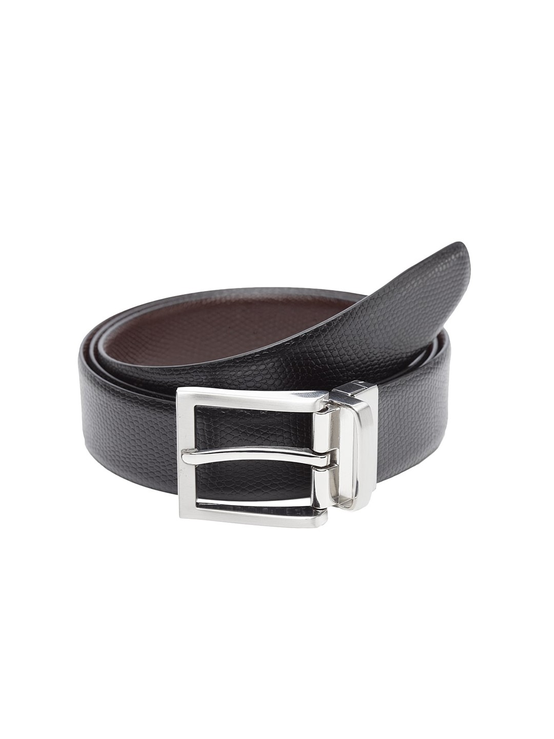 

WELBAWT Men Black & Brown Textured Leather Slim Reversible Belt