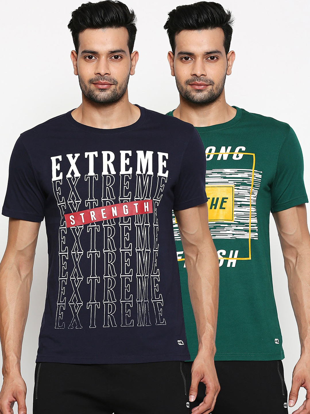 

Ajile by Pantaloons Men Green & Navy Blue Pack of 2 Printed Round Neck T-shirt