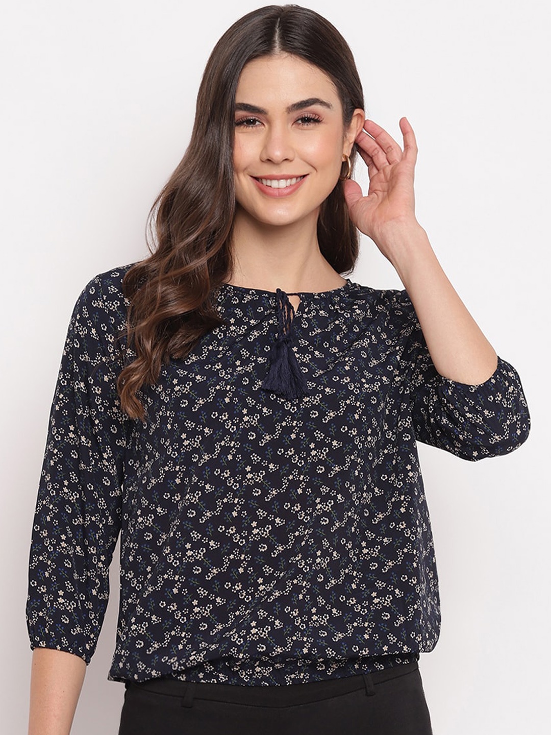 

Mayra Blue Floral Printed Tie-up Neck Crepe Top