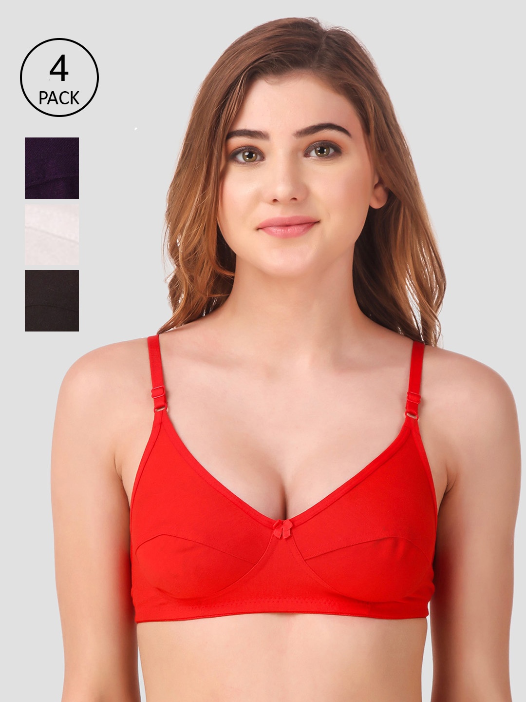 

Fasense Pack Of 4 Red & Black Solid Non-Wired Non Padded Everyday Bra