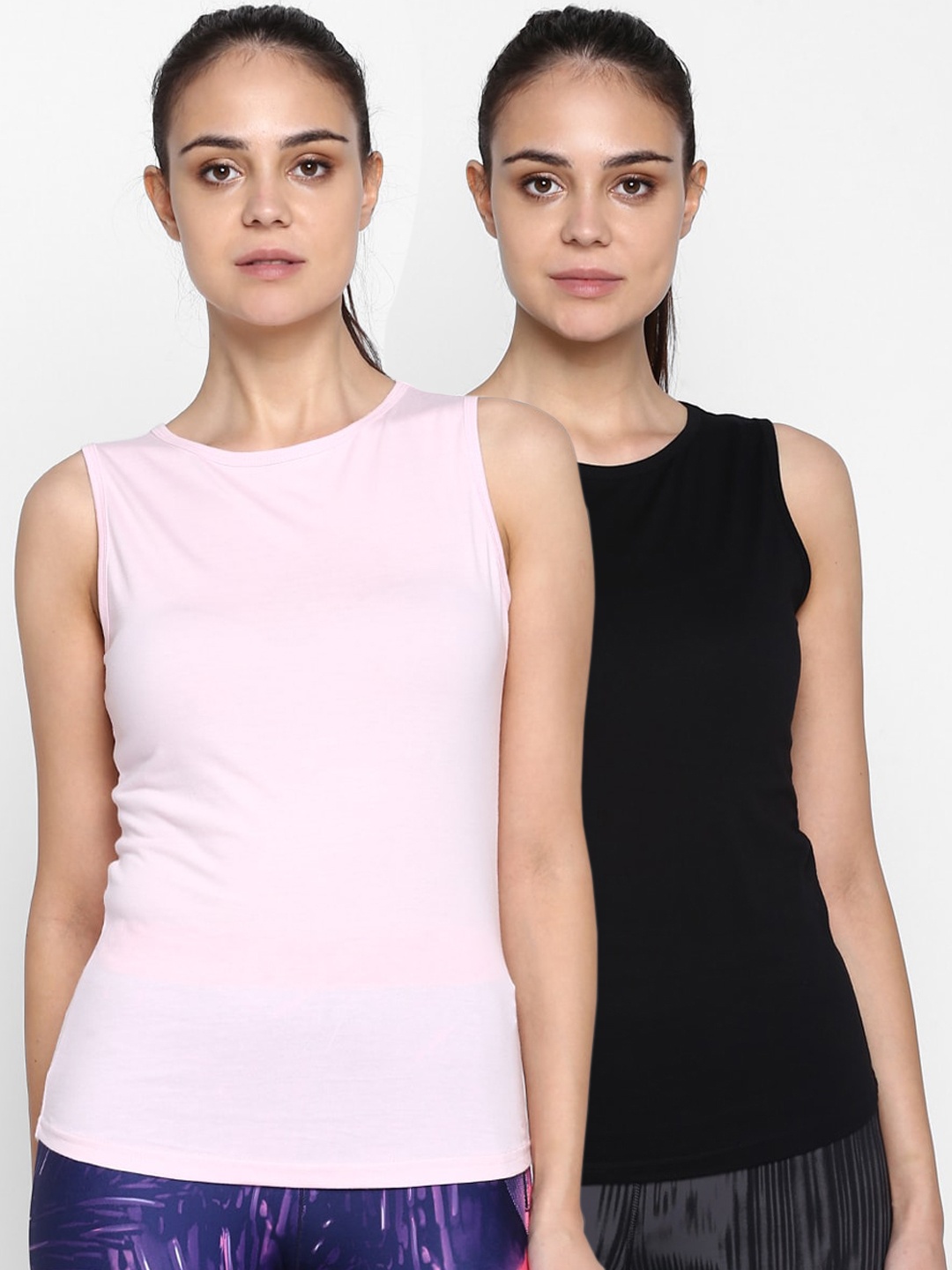 

appulse Women Pack Of 2 Pink & Black Solid Round Neck T-shirt