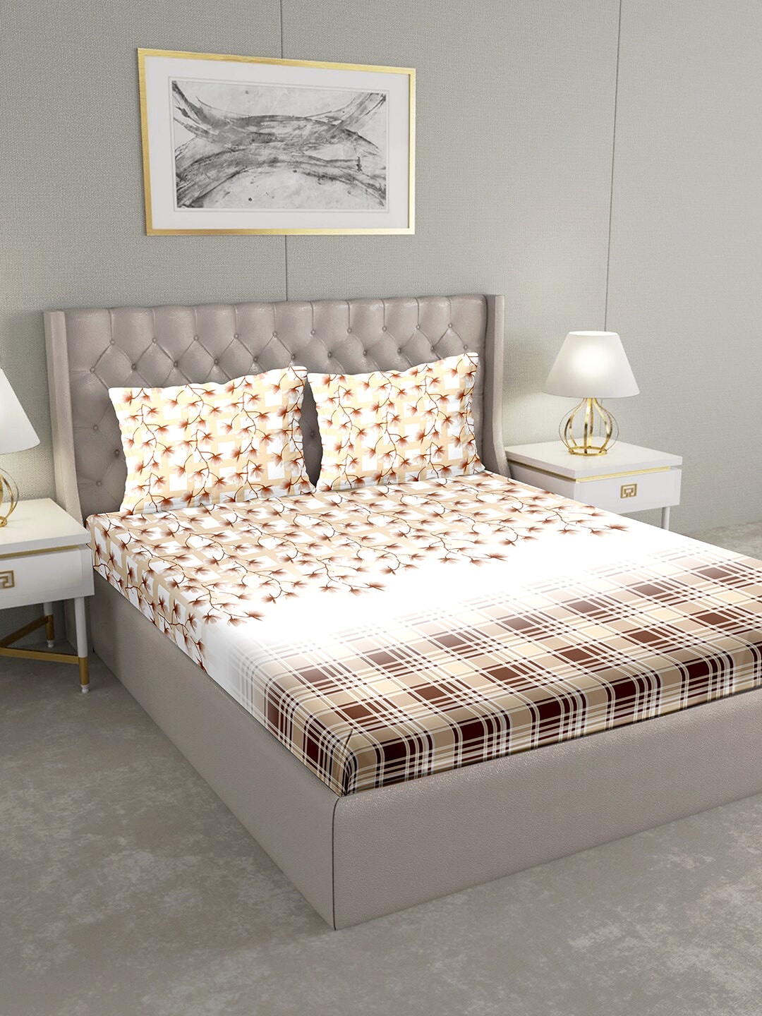 

BELLA CASA White & Brown Floral 124 TC Cotton 1 King Bedsheet with 2 Pillow Covers