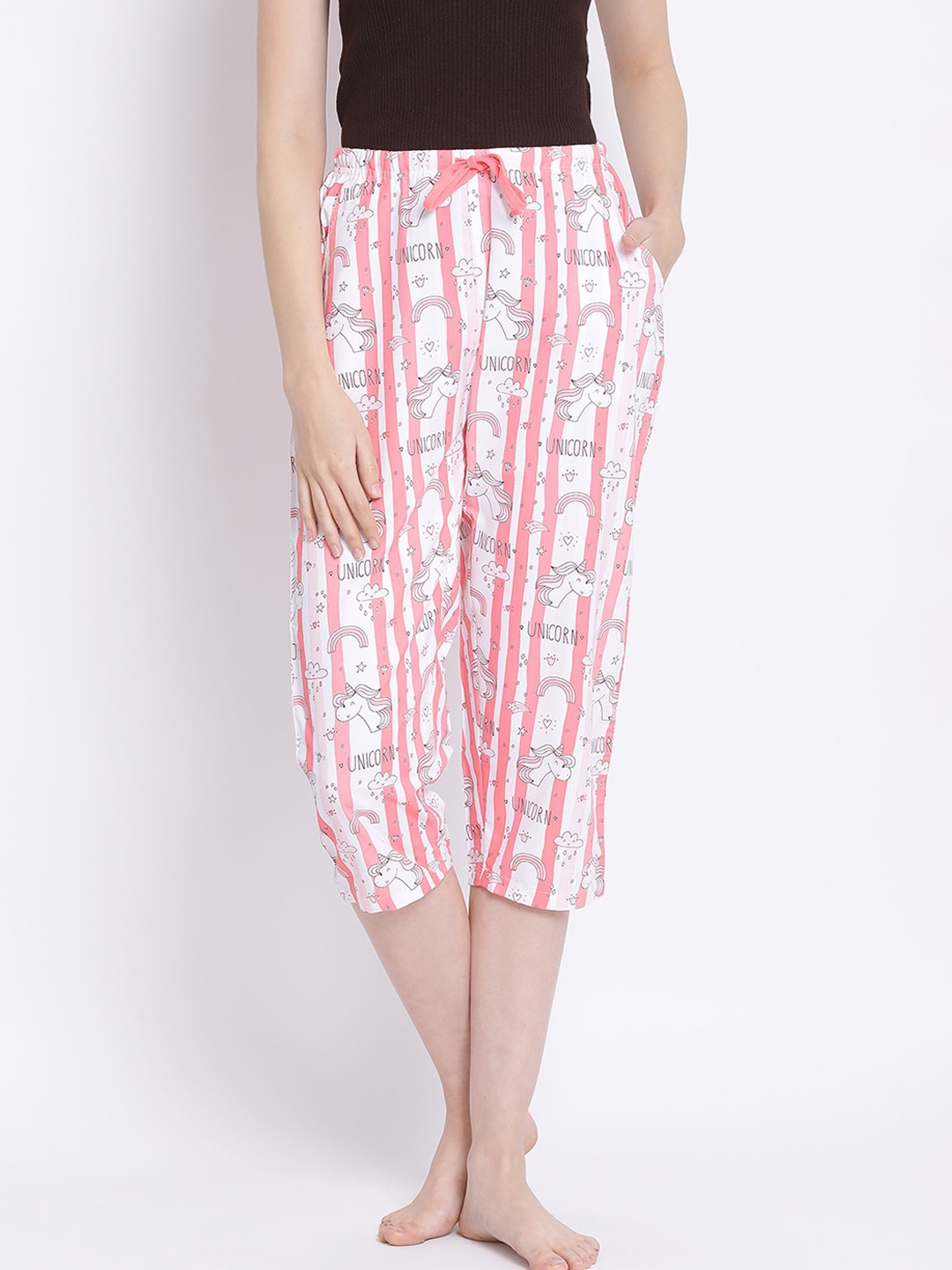 

Kanvin Women Pink & White Printed Lounge Capris