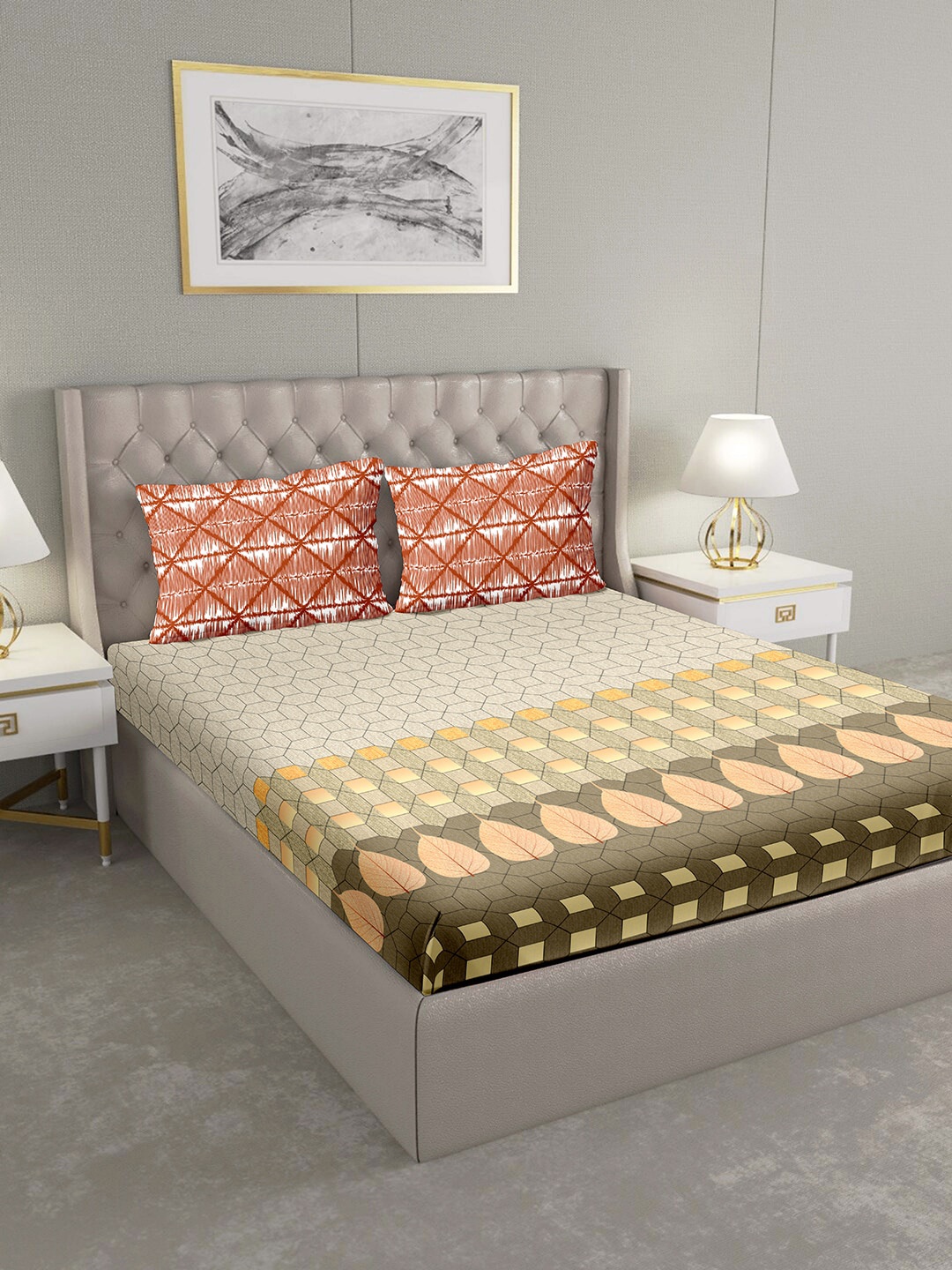 

BELLA CASA Brown Geometric 124 TC Cotton 1 King Bedsheet with 2 Pillow Covers