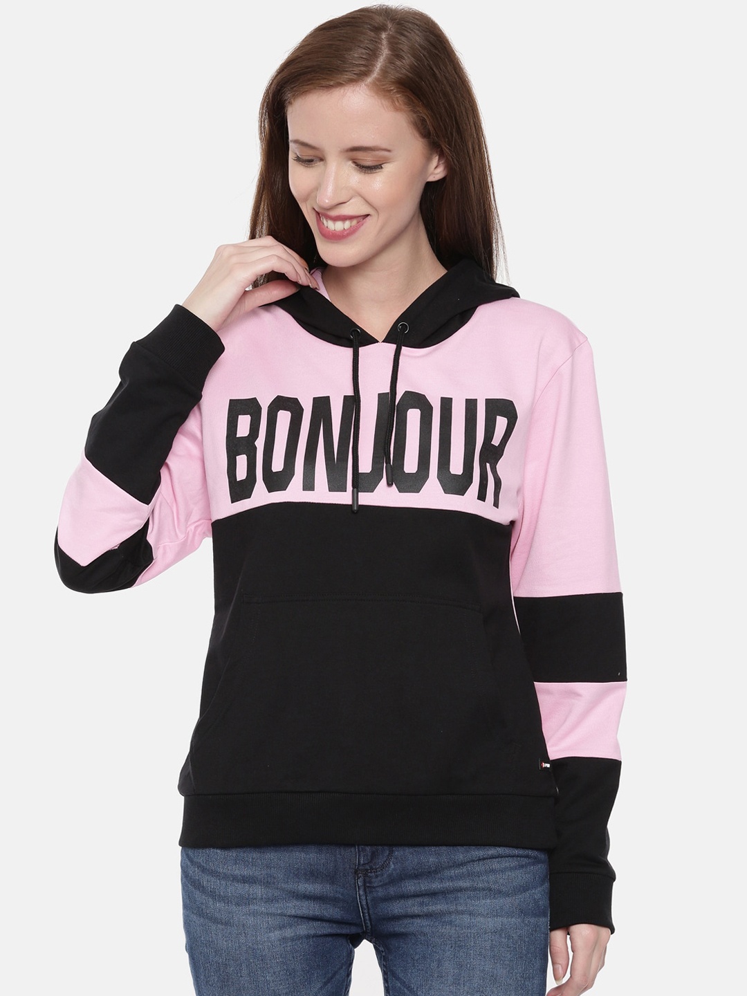 

3PIN Women Pink & White Printed Hooded Sweatshirt