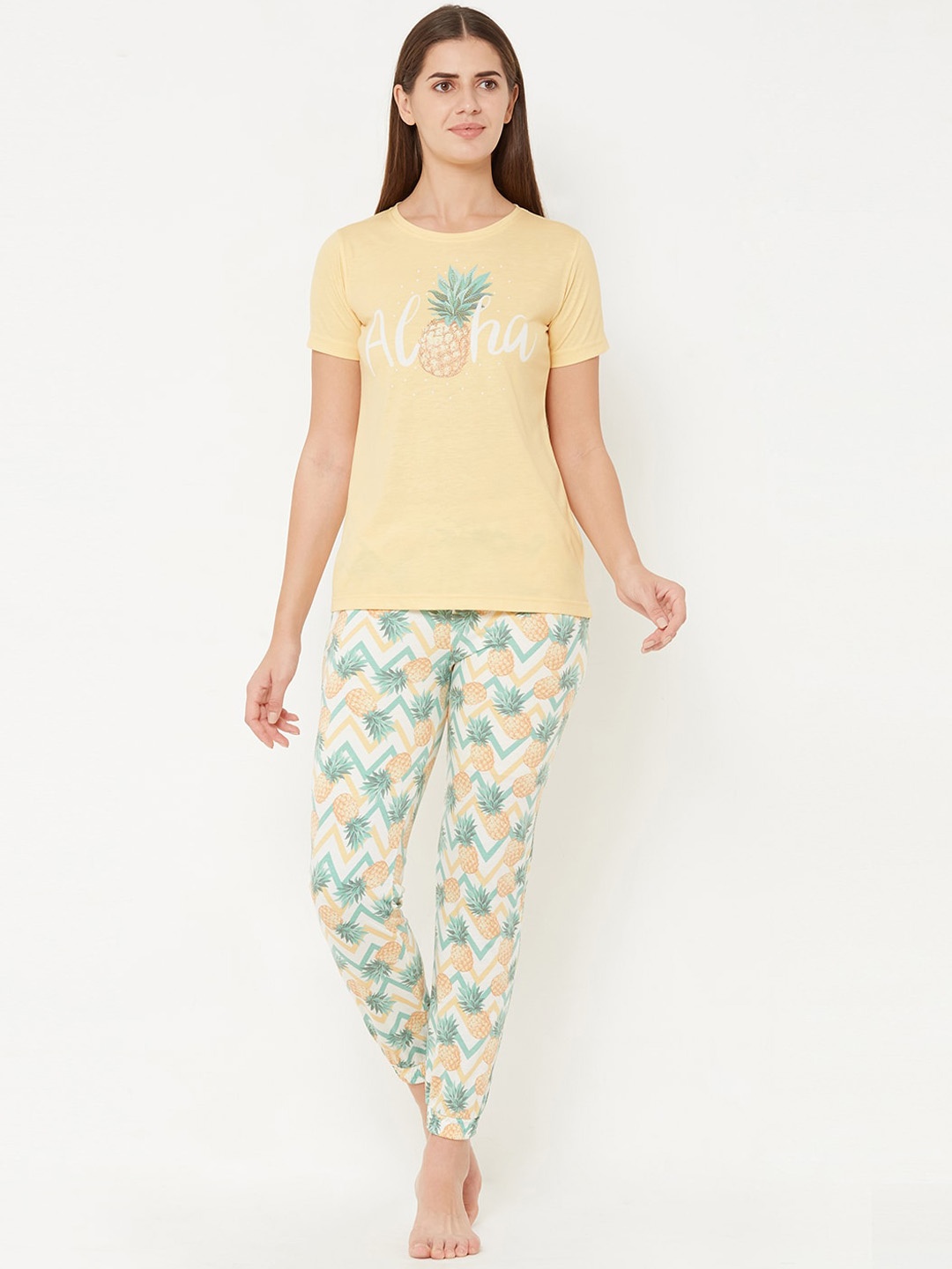 Sweet Dreams Women Yellow & Green Printed Night Suit