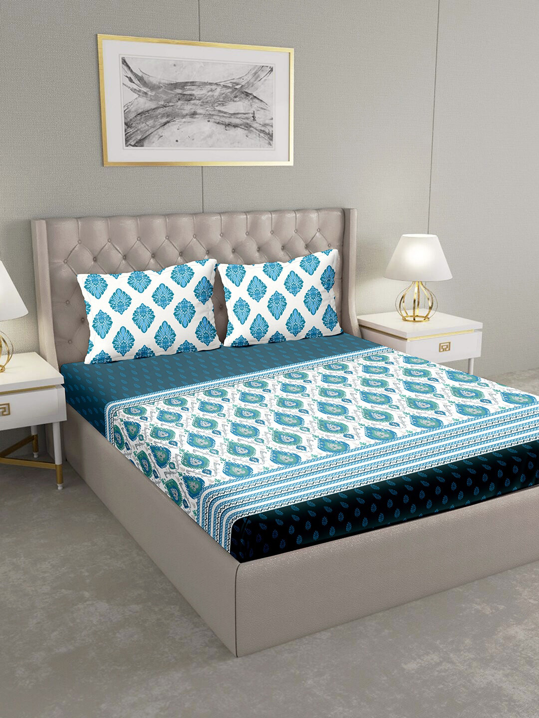 

BELLA CASA White Ethnic Motifs 124 TC Cotton 1 King Bedsheet with 2 Pillow Covers