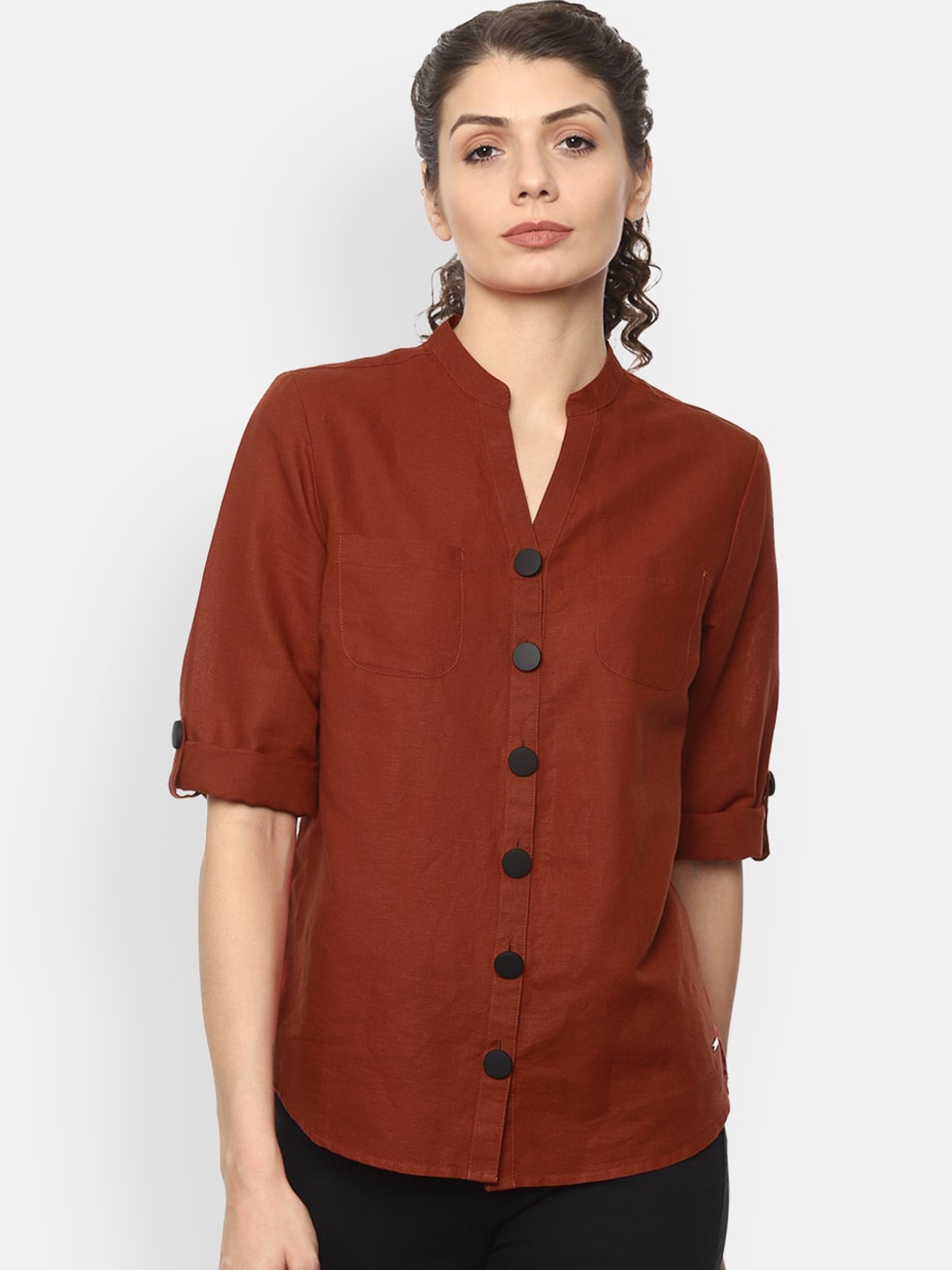 

Van Heusen Woman Brown Mandarin Collar Roll-up Sleeves Shirt Style Top