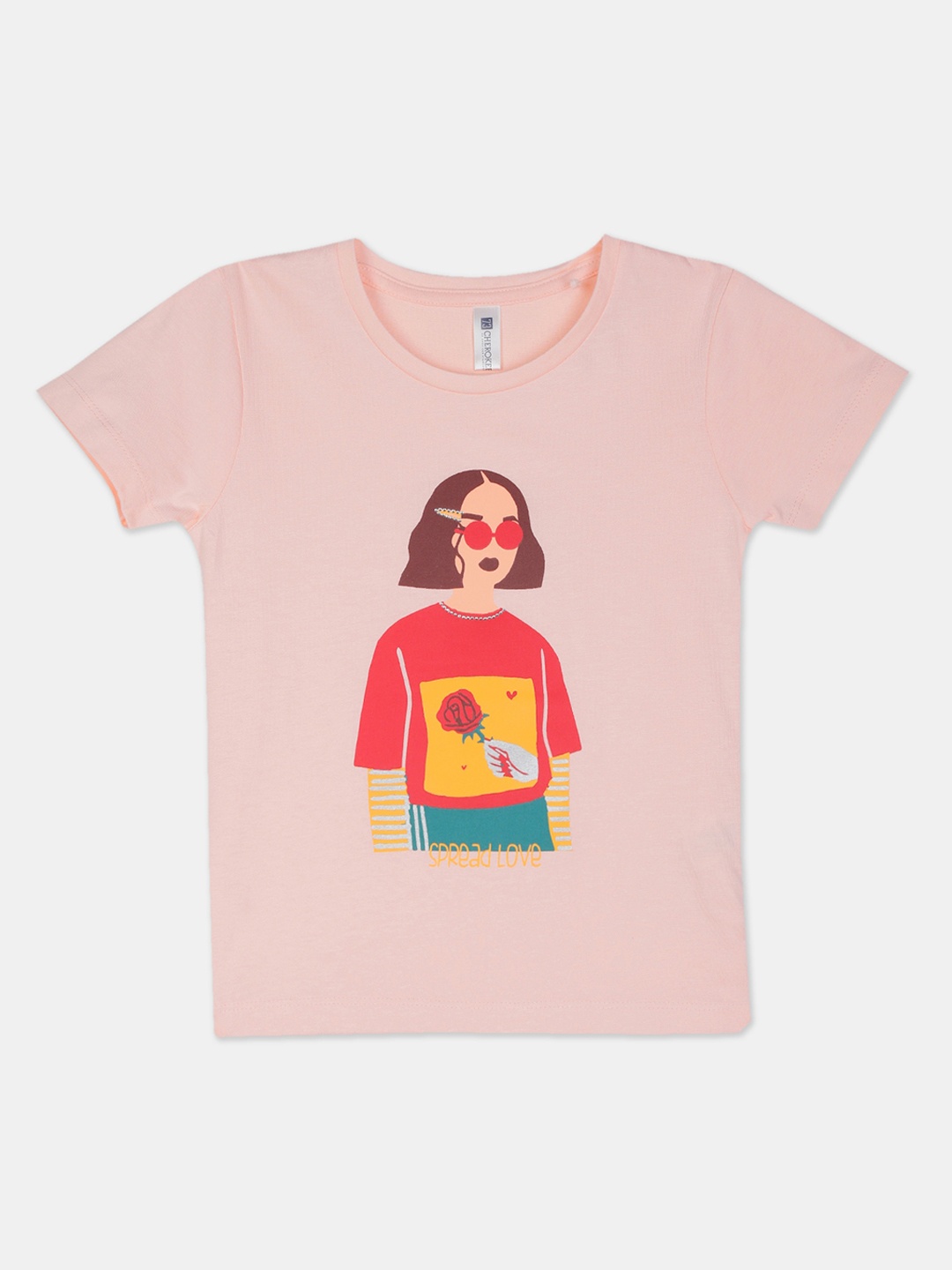 

Cherokee Girls Peach-Coloured Printed Round Neck T-shirt