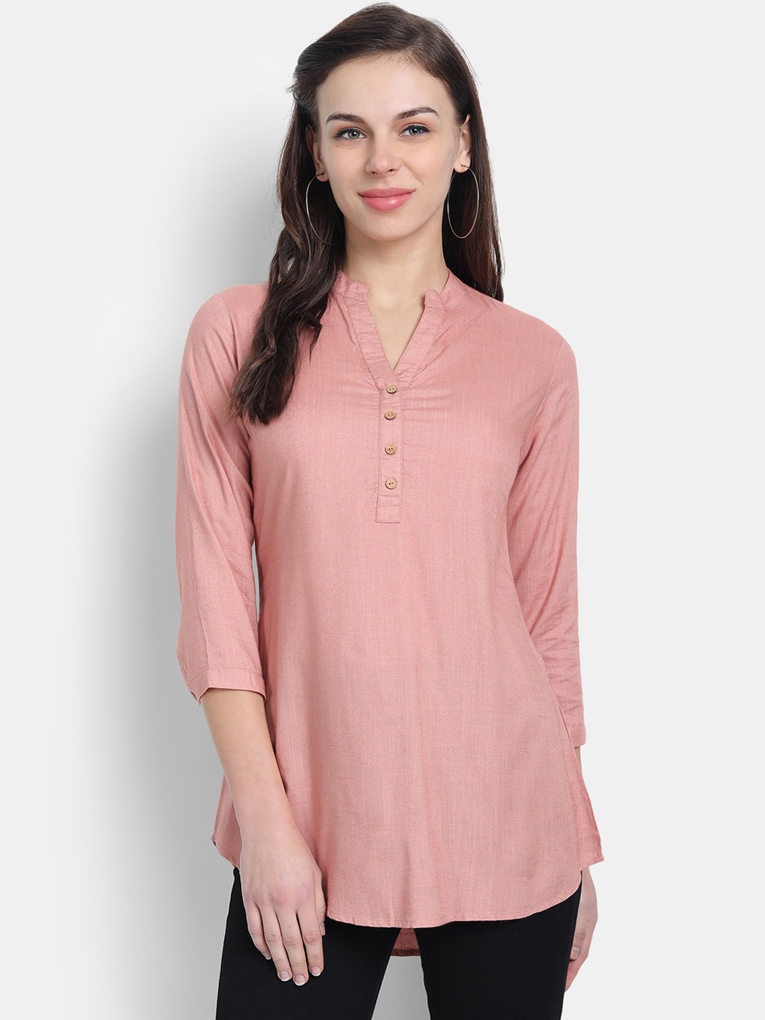 

Fabglobal Peach-coloured Mandarin Collar Shirt Style Longline Top