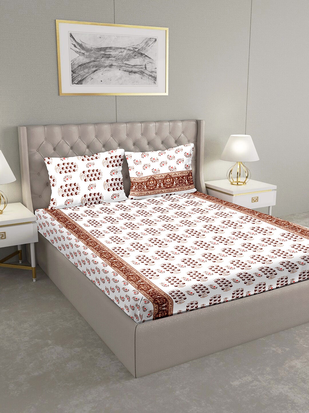 

BELLA CASA White & Brown Floral 124 TC Cotton 1 King Bedsheet with 2 Pillow Covers