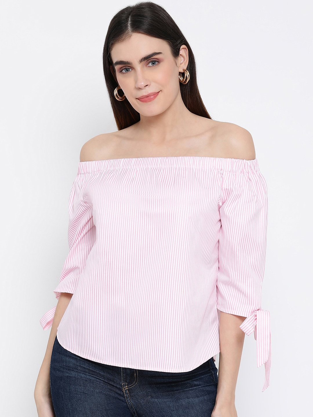 

Oxolloxo Pink & White Striped Off-shoulder Bardot Top