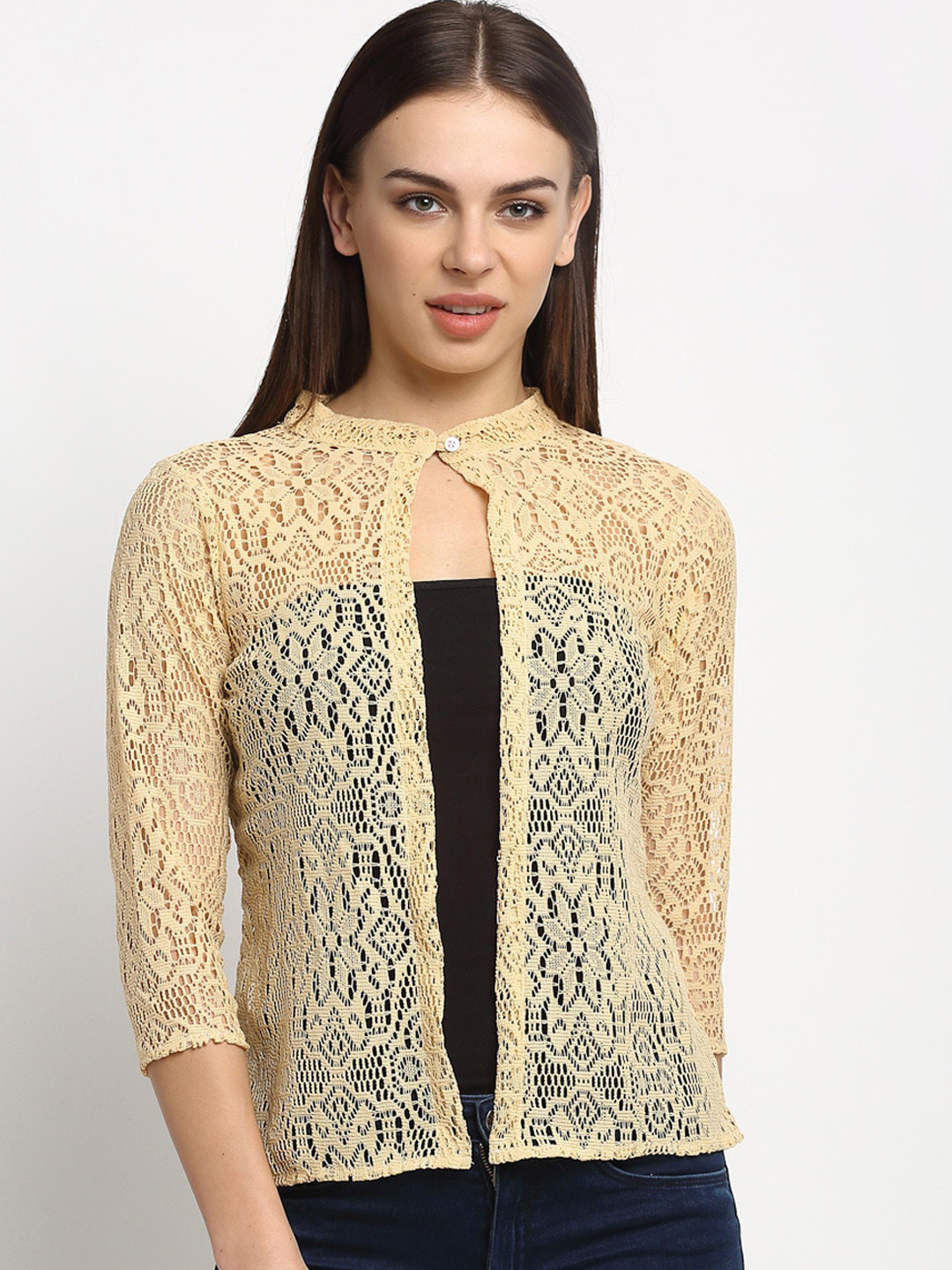 

Rute Women Beige Self Design Open Front Shrug