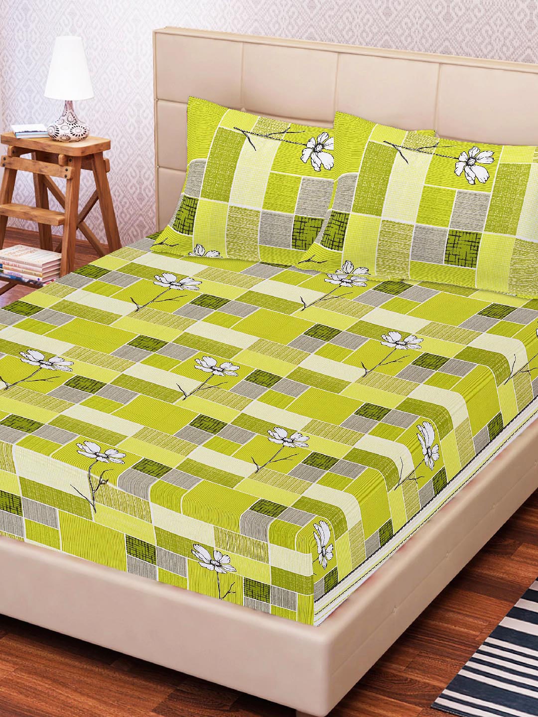 

Tistabene Green & Grey Geometric 180 TC Cotton 1 King Bedsheet with 2 Pillow Covers