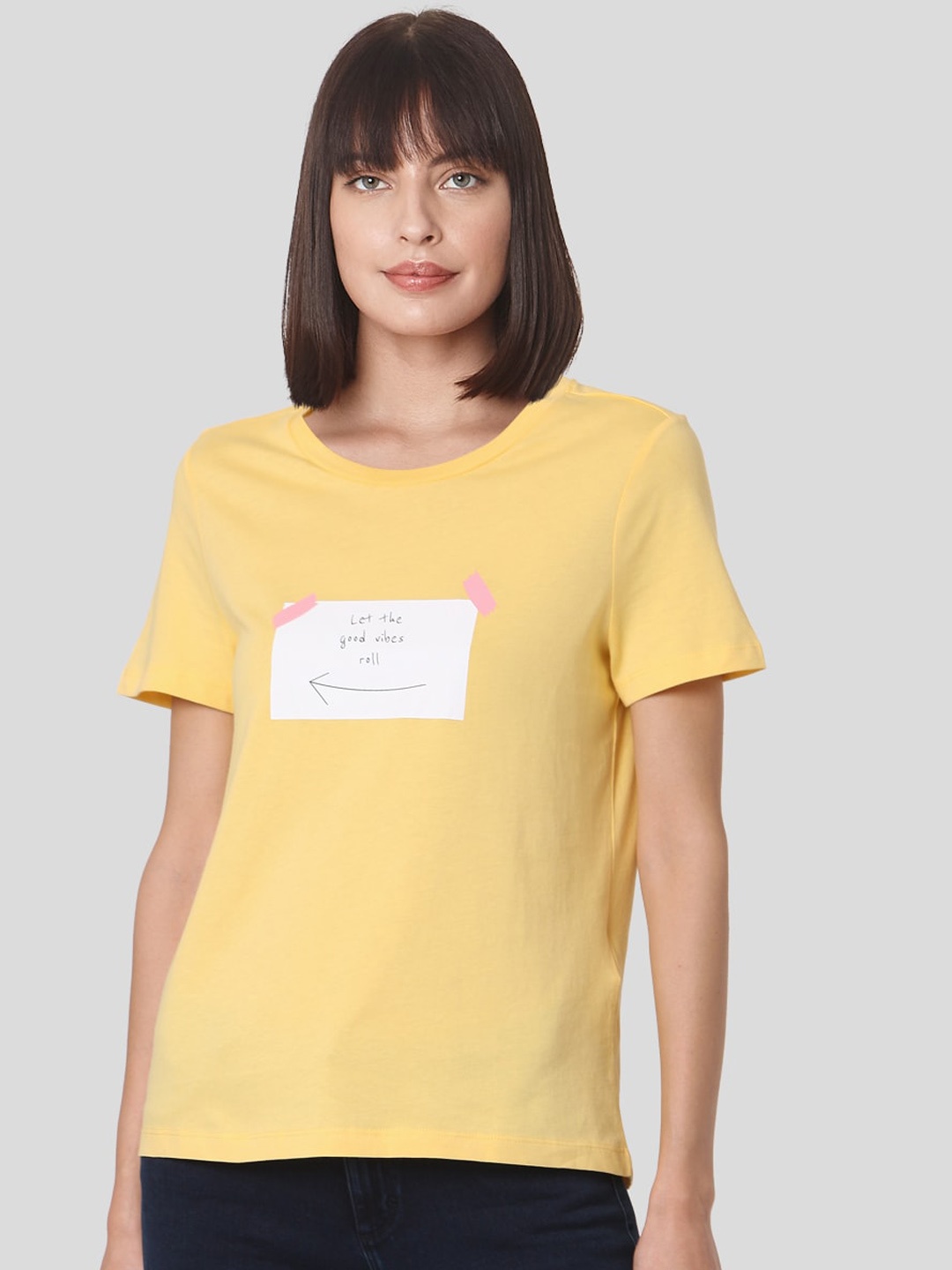 

Vero Moda Women Yellow Printed Round Neck T-shirt