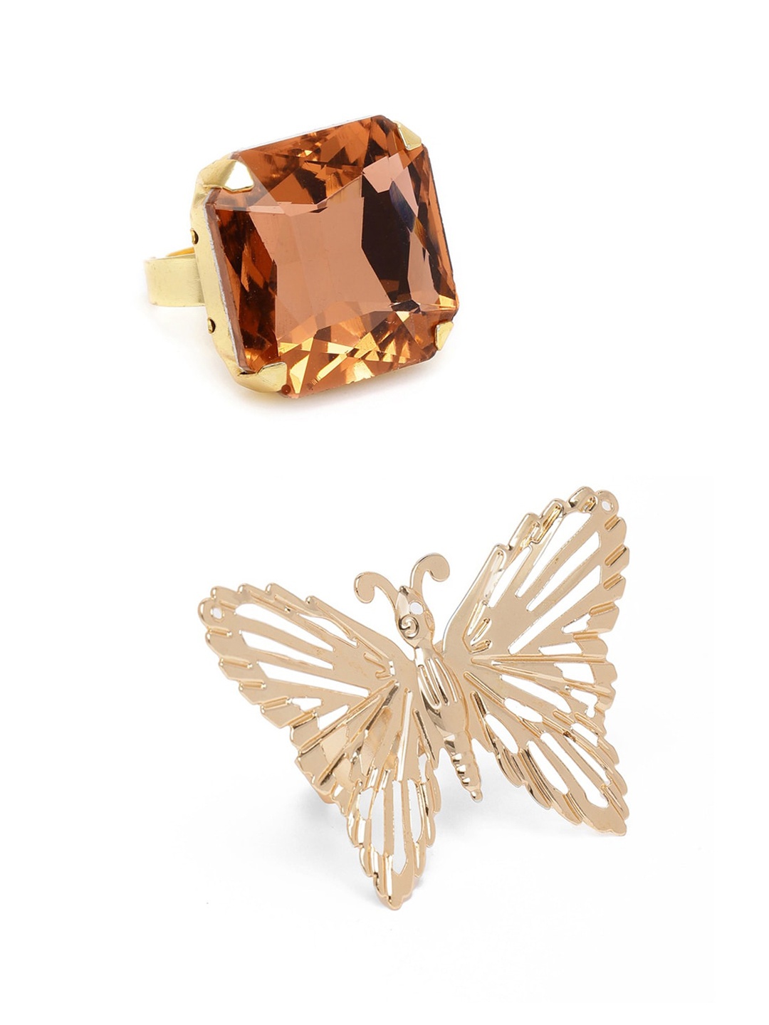 

Zaveri Pearls Set Of 2 Gold-Plated & Brown Stone-Studded Contemporary Finger Rings