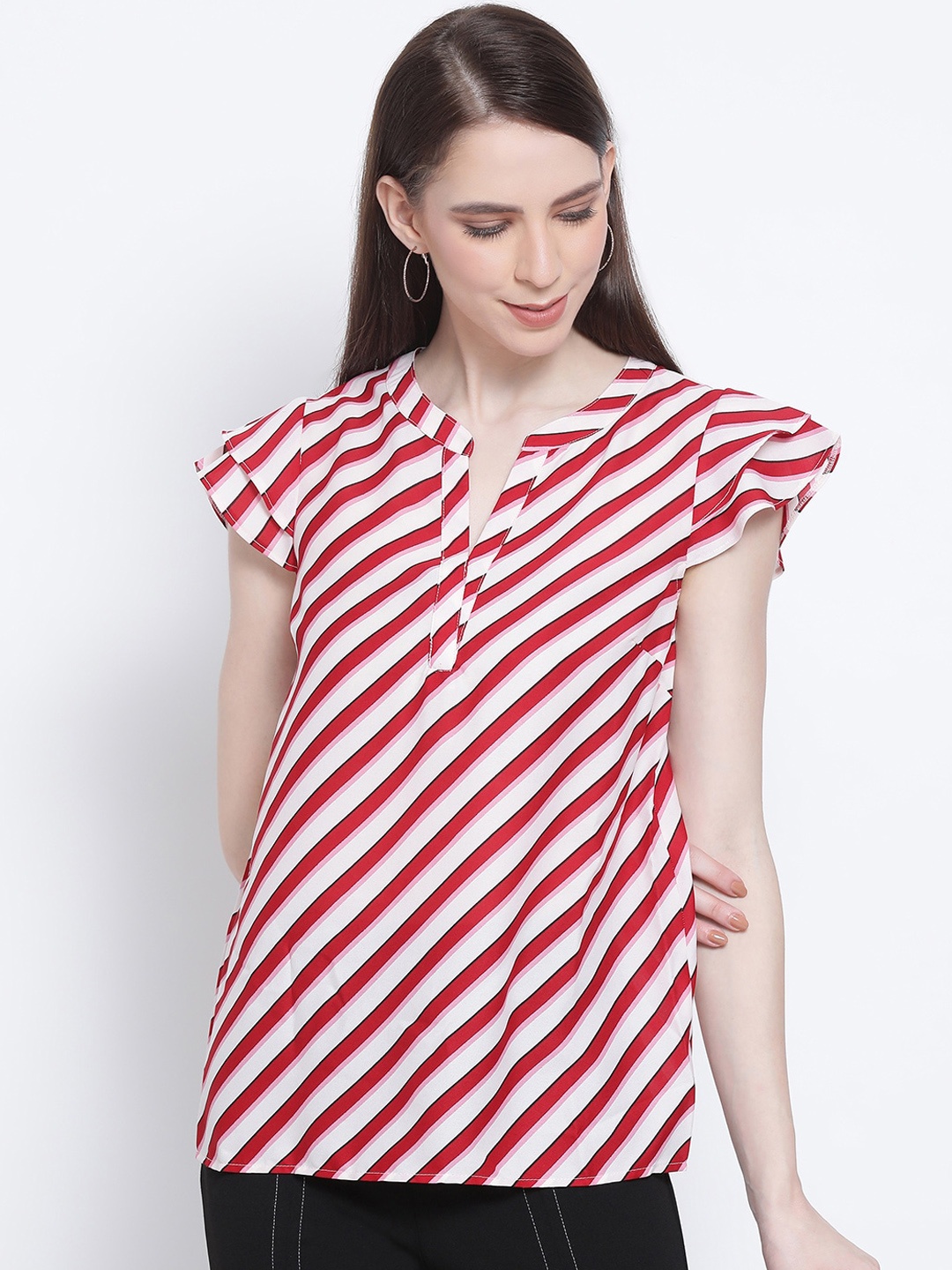 

Oxolloxo Multicoloured Striped Mandarin Collar Regular Top, Pink