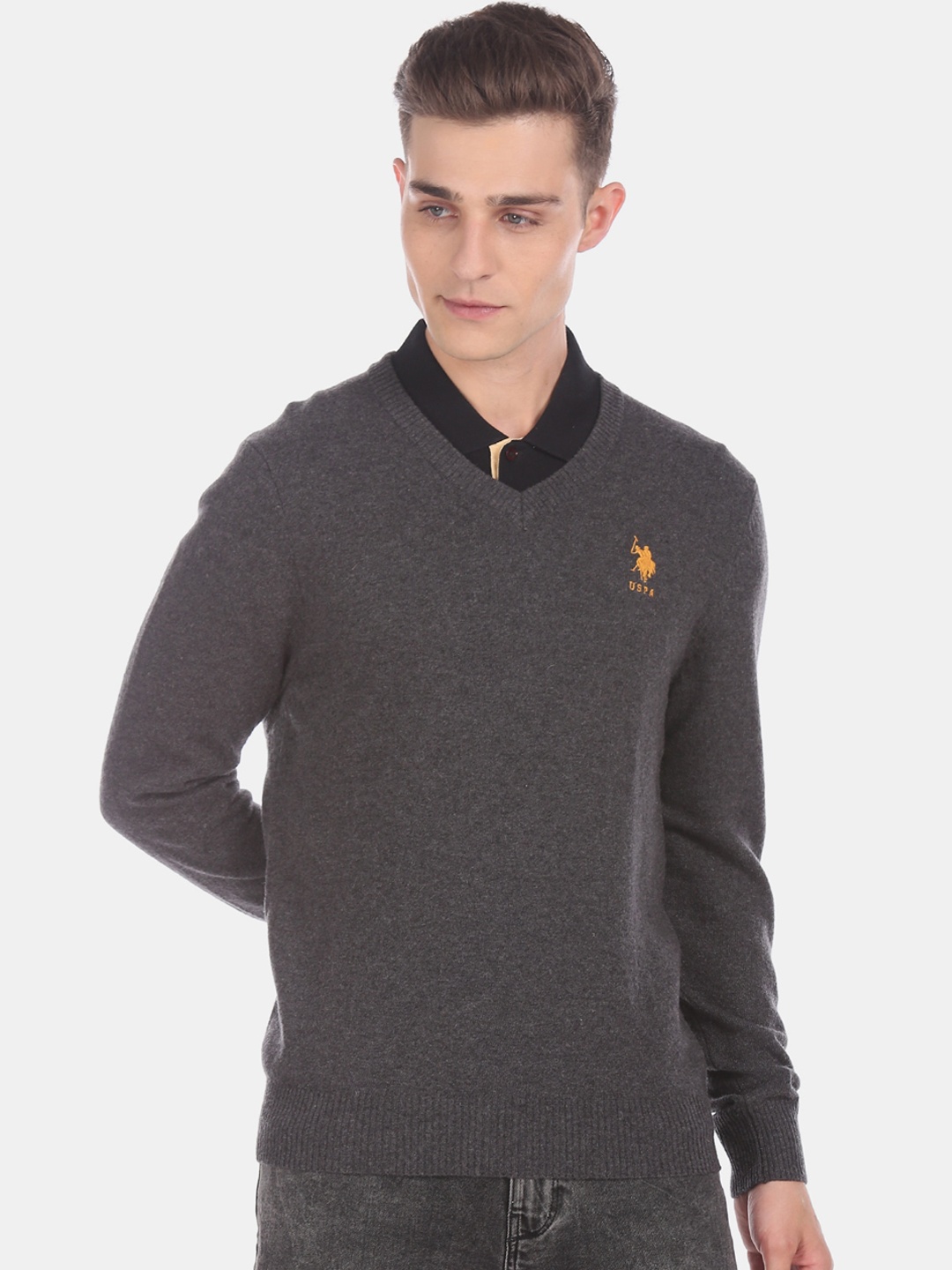 

U.S. Polo Assn. Men Grey Self Design Pullover Sweater
