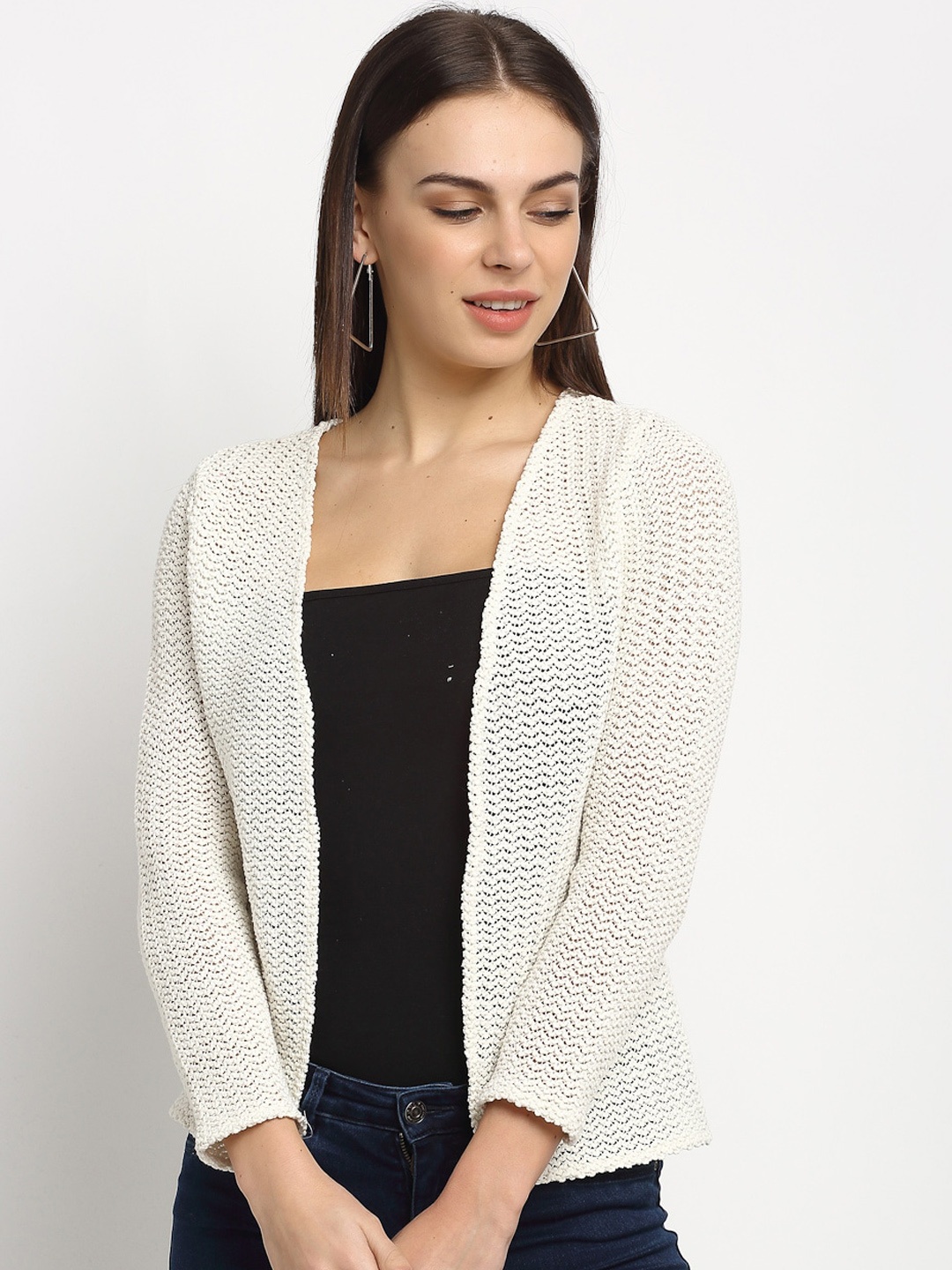 

Rute Women White Self Design Open Front Shrug
