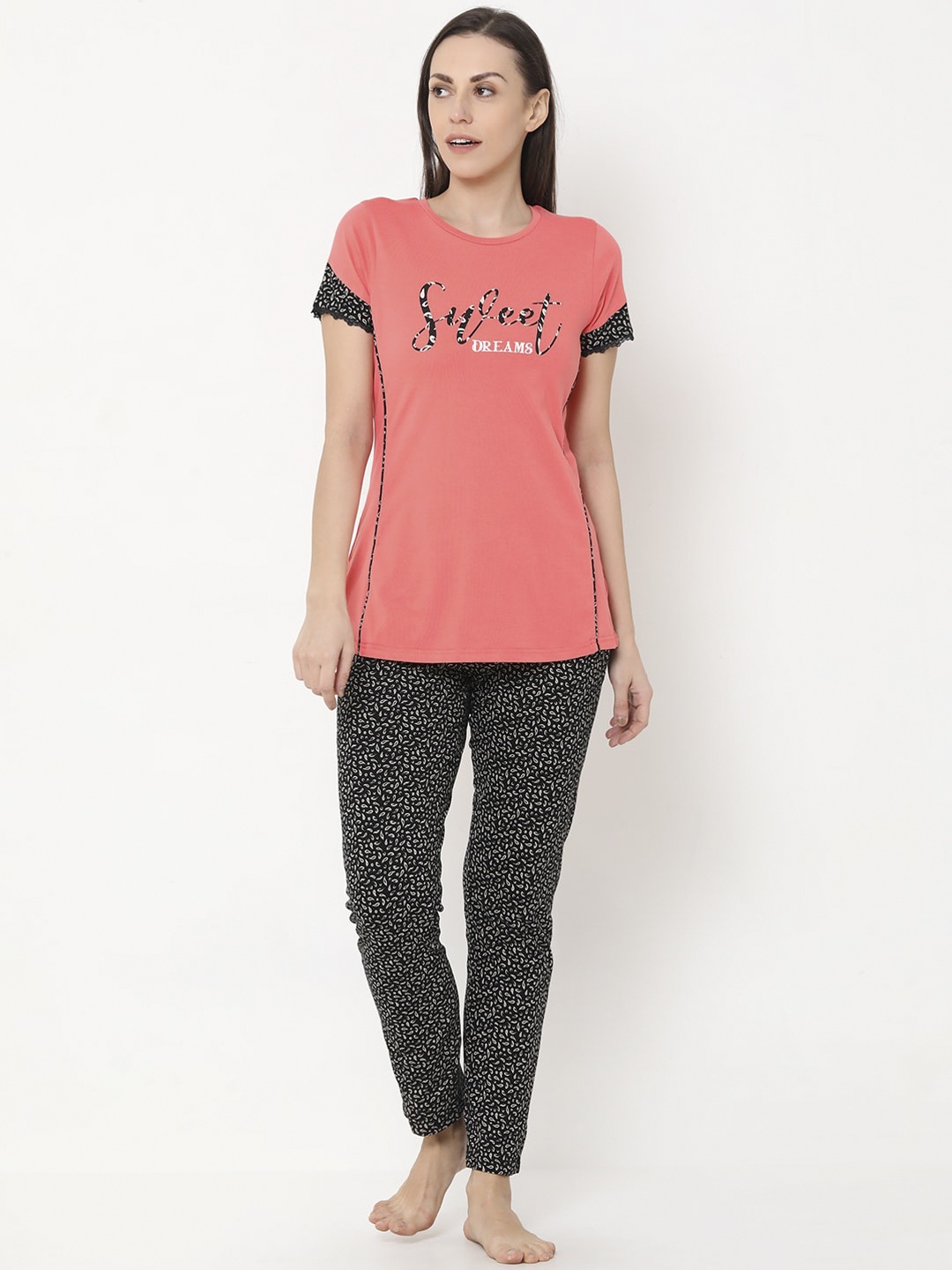 

Sweet Dreams Women Coral & Black Printed Night suit