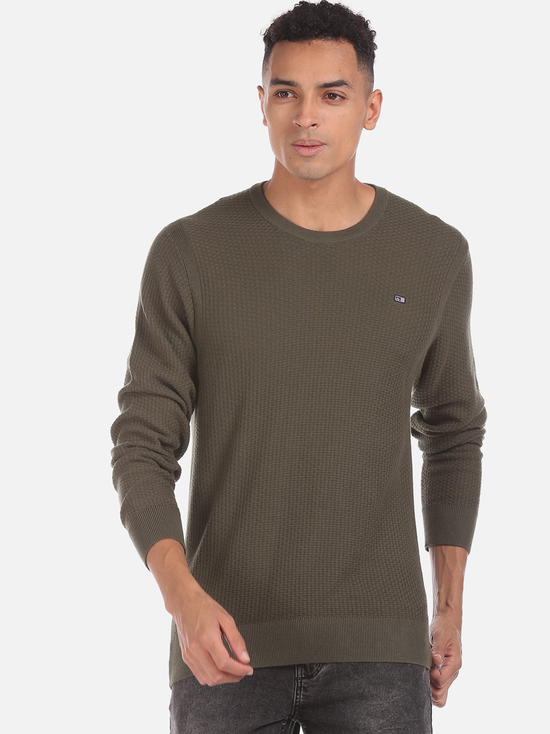 

Arrow Sport Men Green Self Design Pullover Sweater
