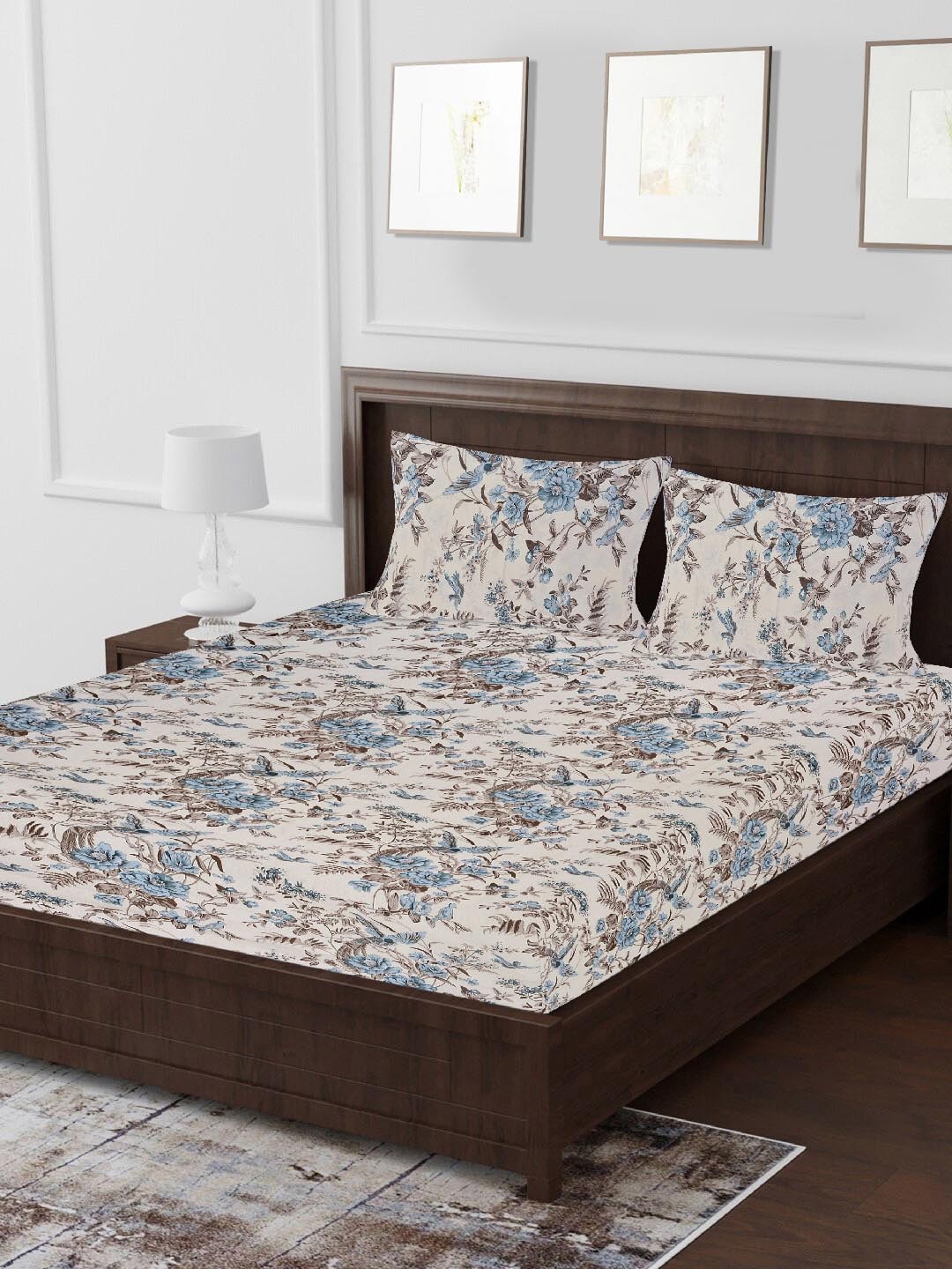 

Tistabene Peach-Coloured & Blue Floral 180 TC Cotton 1 King Bedsheet with 2 Pillow Covers