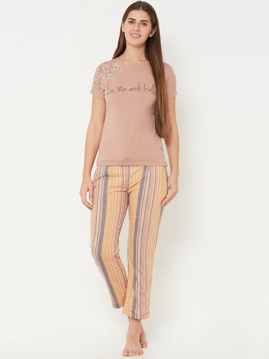 

Sweet Dreams Women Nude-Coloured & Brown Printed Night suit