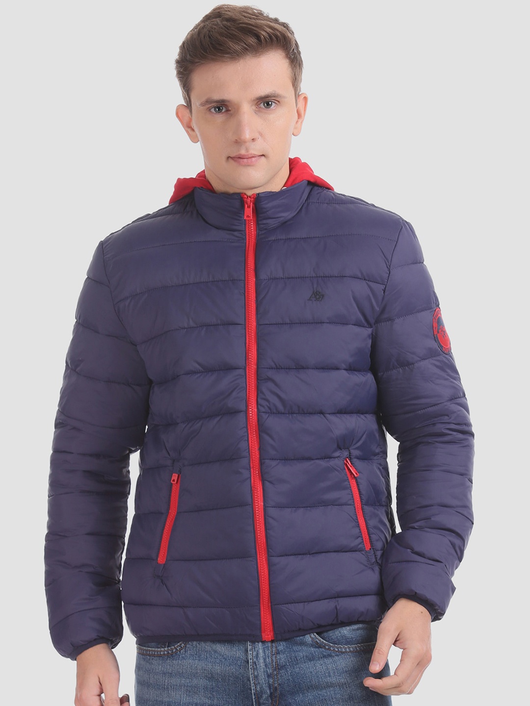 

Aeropostale Men Navy Blue Solid Detachable Hood Quilted Jacket