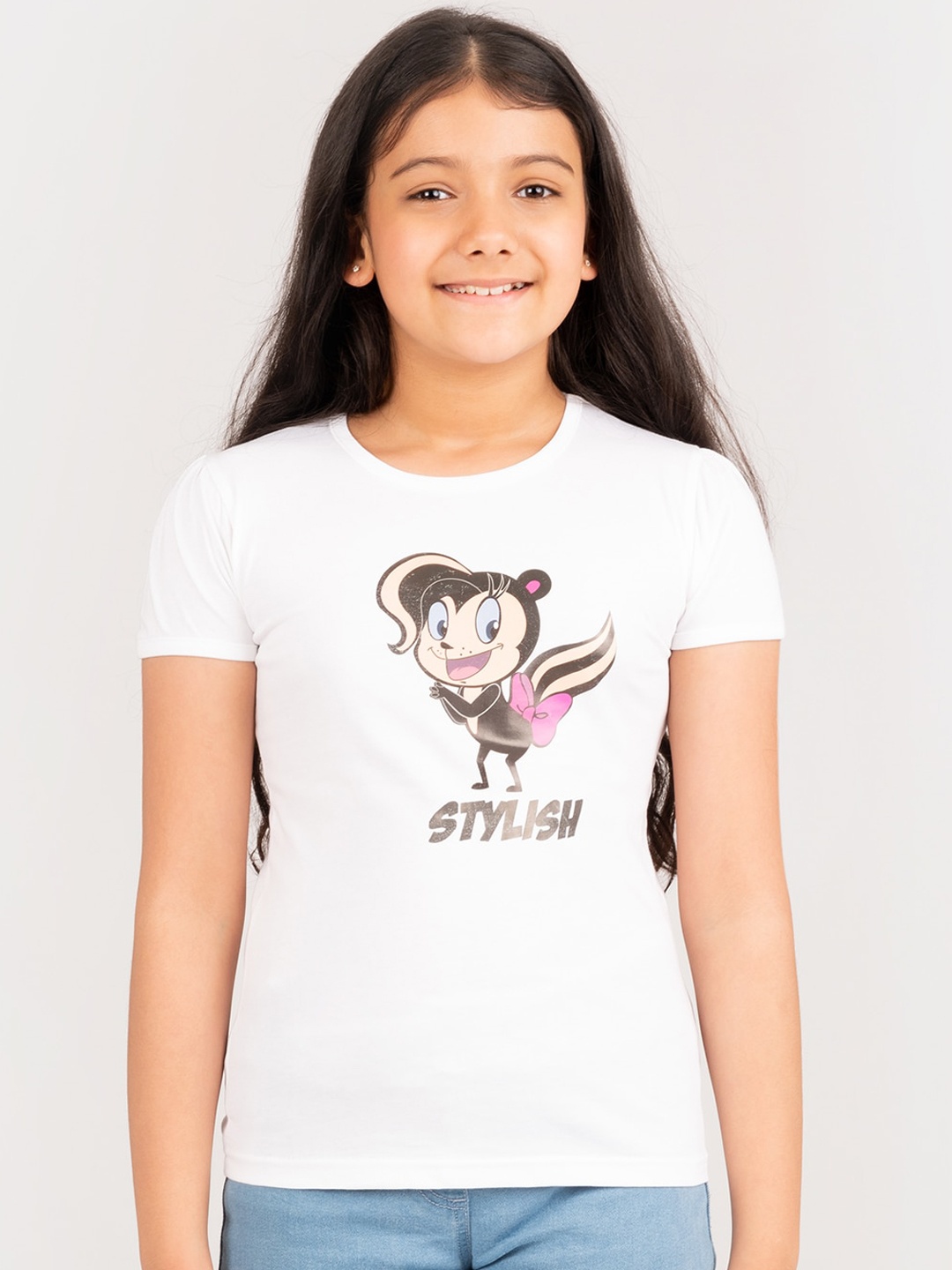 

KIDKLO Girls White Printed Round Neck T-shirt