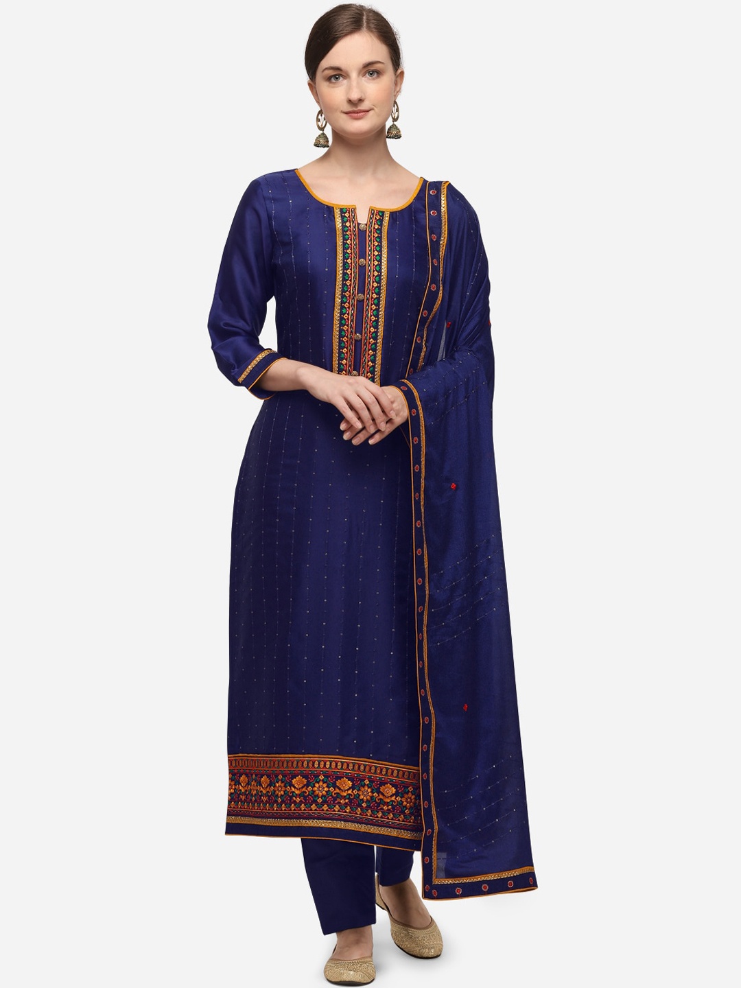 

SheWill Navy Blue & Gold-Toned Satin Unstitched Dress Material