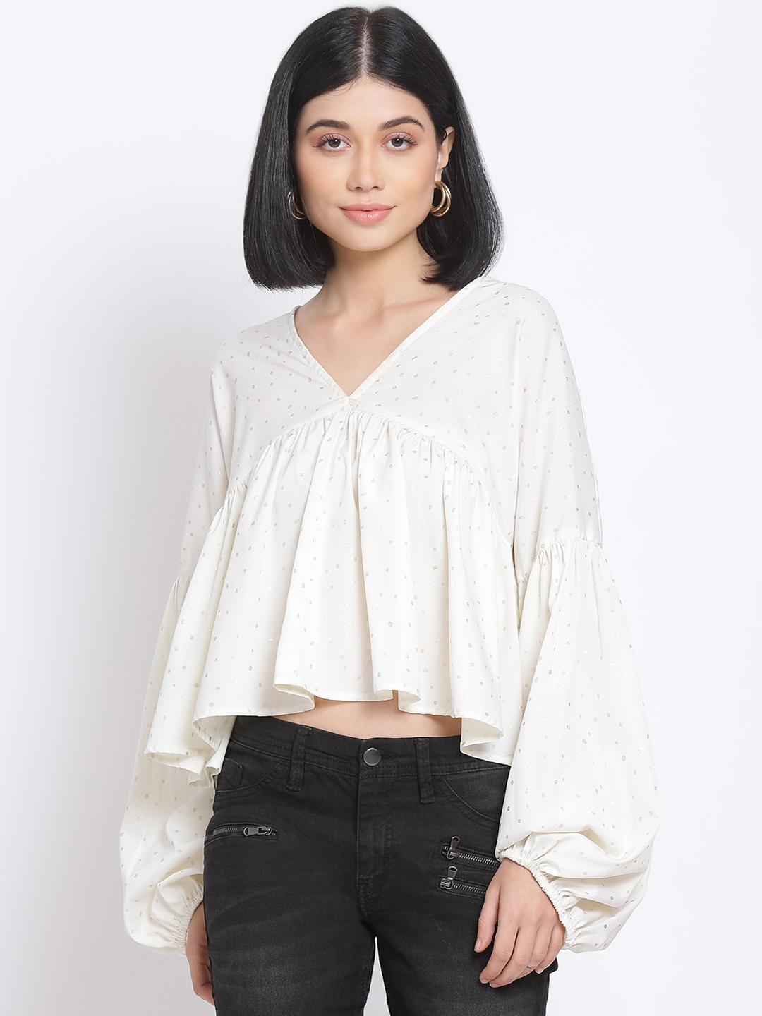 Oxolloxo Cream-coloured Printed Puff Sleeves A-line Crop Top