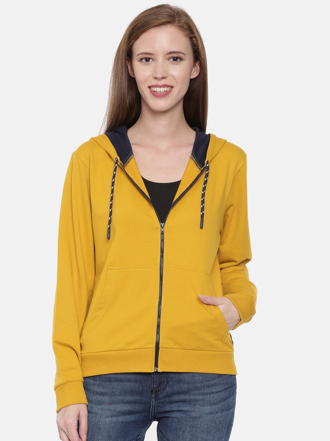 3PIN Women Mustard Yellow Solid Hooded Sweatshirt